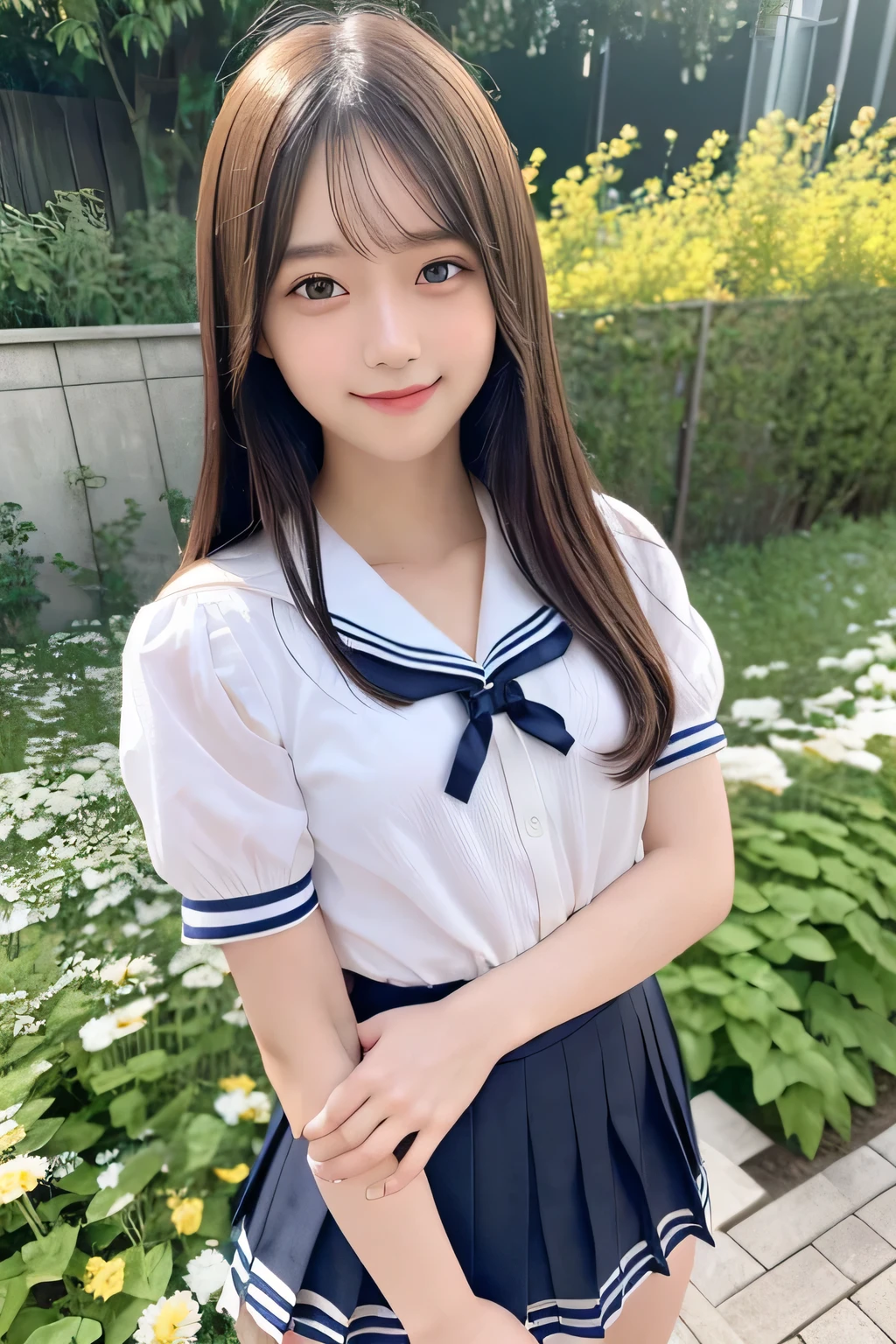 pieces fly、masterpiece、highest quality、Super detailed、High resolution、High resolution、8K portrait、unity 8k wallpaper、Detailed CG、unity 8k wallpaper、Detailed CGユニティ8kの壁紙、realistic、real person、portrait photography、shiny skin、（25 years old:1.2）、High resolution、beautiful clear eyes、very detailed explanation、delicate face、nice lips、thin waist、thin legs、1 girl、(garden:1.3)、(shirt, serafuku, crew_collar, school uniform, pleated skirt)、(big smile:1.2)、(take a pose:1.4)、(flat chest:1.4)