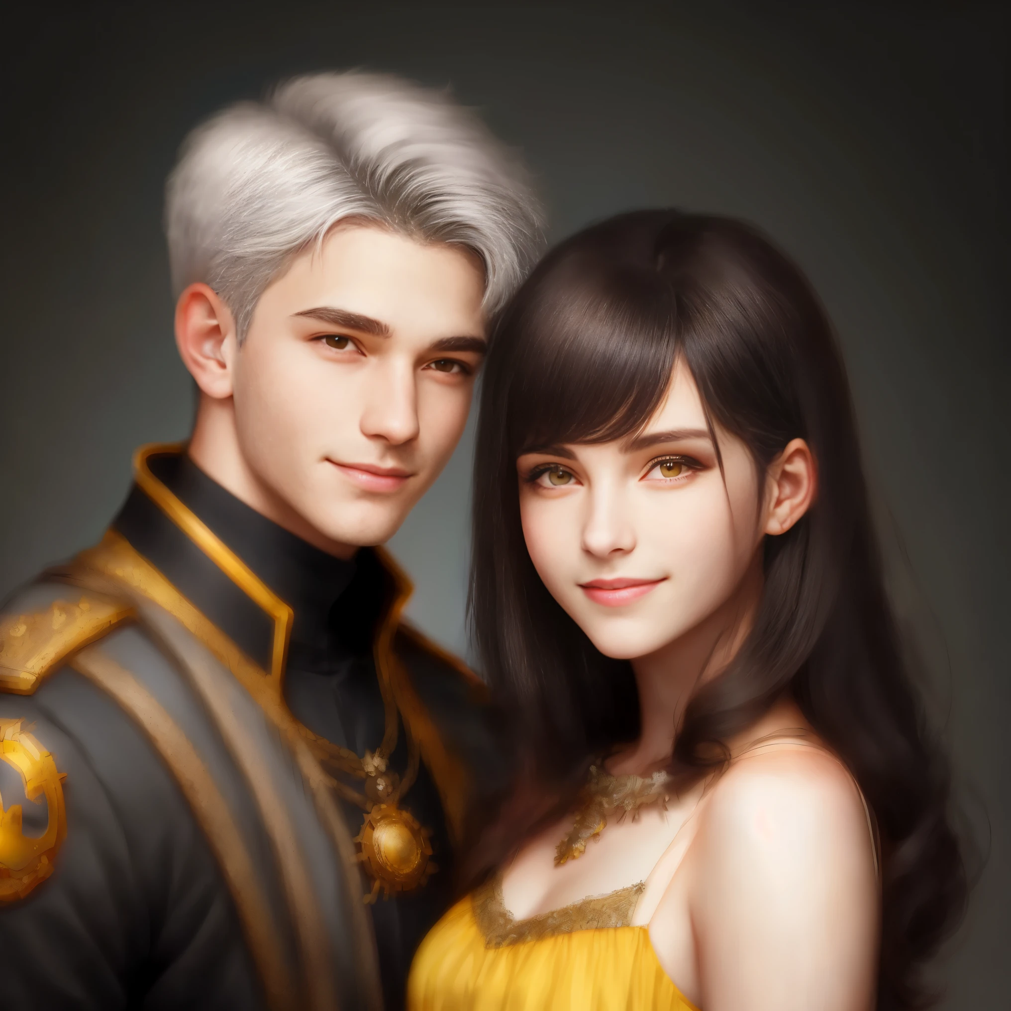 High resolution, portrait, young guy and young woman with dark hair, 18 years old, light gray hair, short haircut, yellow eyes, smile, crown, portrait, realism, fantasy