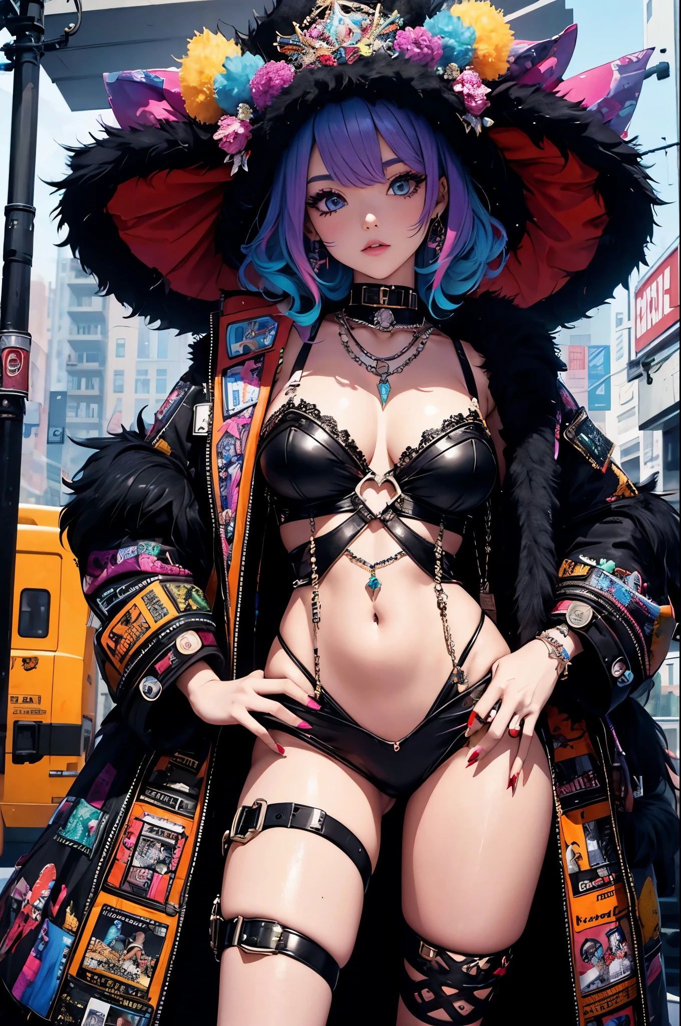 embedding:E-GM\E-Girls_Mansion_Blackee is a girl with normal hips in a colorful dress and fur coat posing for a picture looking at the viewer, wearing edgTM_style fashion, eccentric clothing, 16K, Award Winning, Best Quality, High Quality, Highres, Masterpiece, Super Detail, Photography Style, Photorealism Style, Hyperrealism Style, Hyper maximalist, Fashion Photography, Glamour Photography, embedding:Positive\epiCPhoto,