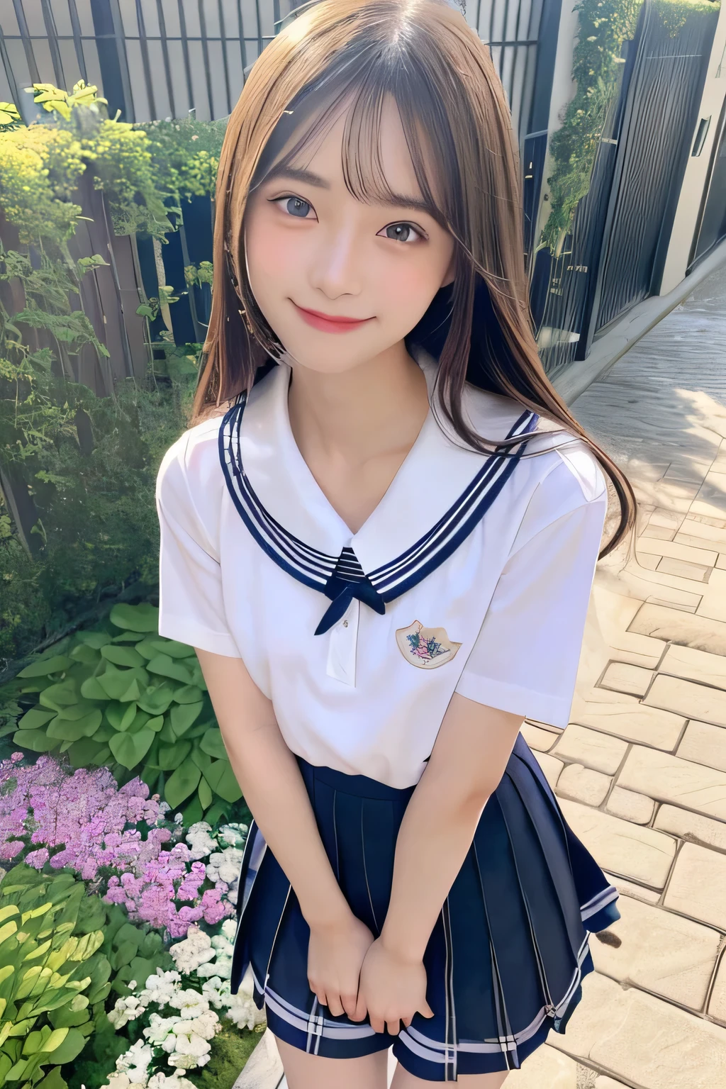 pieces fly、masterpiece、highest quality、Super detailed、High resolution、High resolution、8K portrait、unity 8k wallpaper、Detailed CG、unity 8k wallpaper、Detailed CGユニティ8kの壁紙、realistic、real person、portrait photography、shiny skin、(25 years old:1.2)、High resolution、beautiful clear eyes、very detailed explanation、delicate face、nice lips、thin waist、thin legs、1 girl、(garden:1.3)、(shirt, serafuku, crew_collar, school uniform, pleated skirt)、(big smile:1.2)、(take a pose:1.4)、(flat chest:1.4)