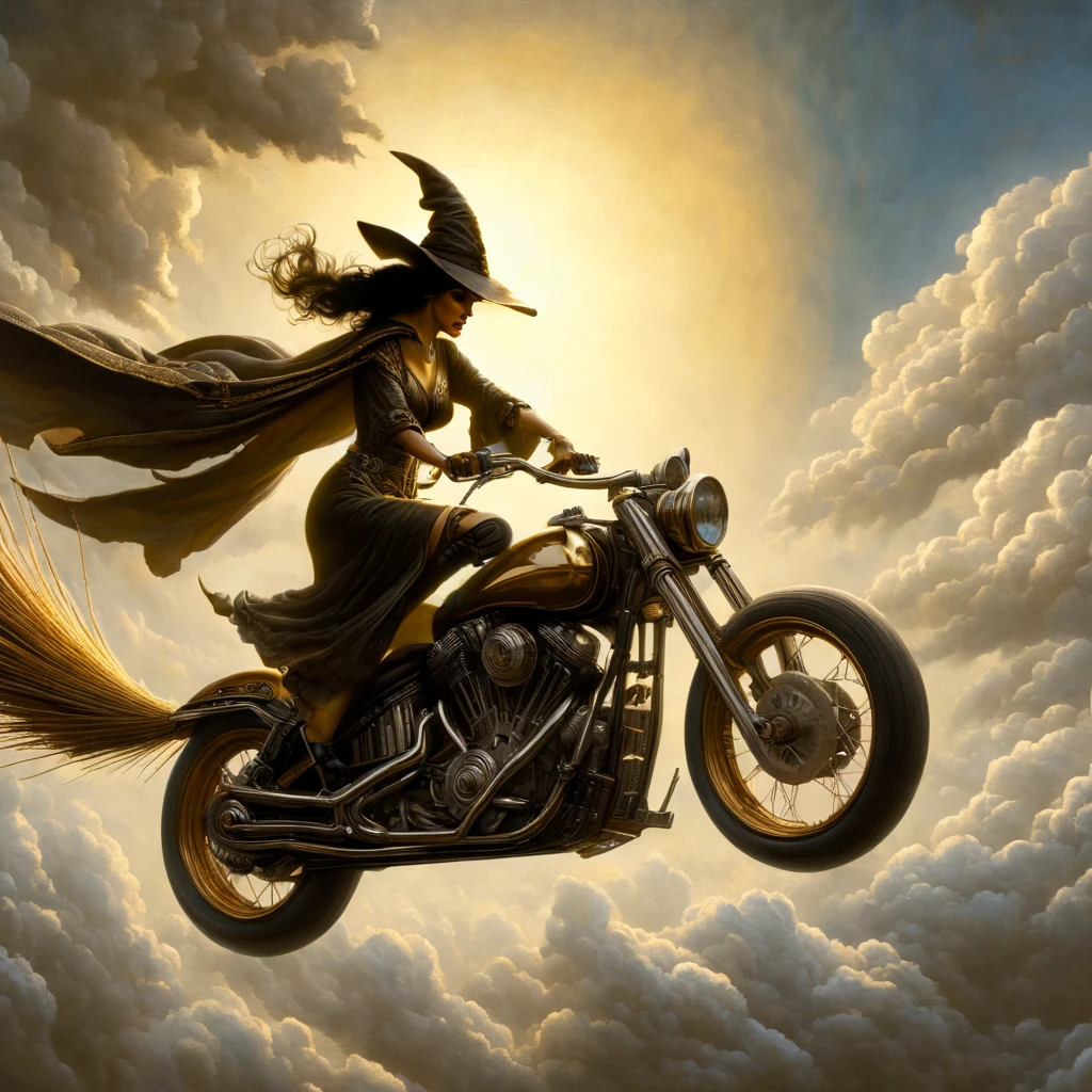 Gerald Brom and Ciruelo Cabral art, . beautiful biker Witch is flying on broom bikes through the sky (motorcycles have brooms instead of wheels) flying through the sky. flying on brooms , flying on broom bikes , beautiful faces, Clouds. A dragon is chasing them. beautiful faces. Art station. 32k. Dramatic light, lots of details. Digital concept art. blended with hyperrealism, highly detailed, Golden Ratio. UHD drawing, artstation, cinematic, perfect composition, 32k, art photography, photorealistic concept art, Dramatic light. Genius. perfect composition,half profile, beautifully detailed, insanely detailed octane render trending, sharp focus, studio photo aesthetic, intricate details, highly detailed, Fantasy.