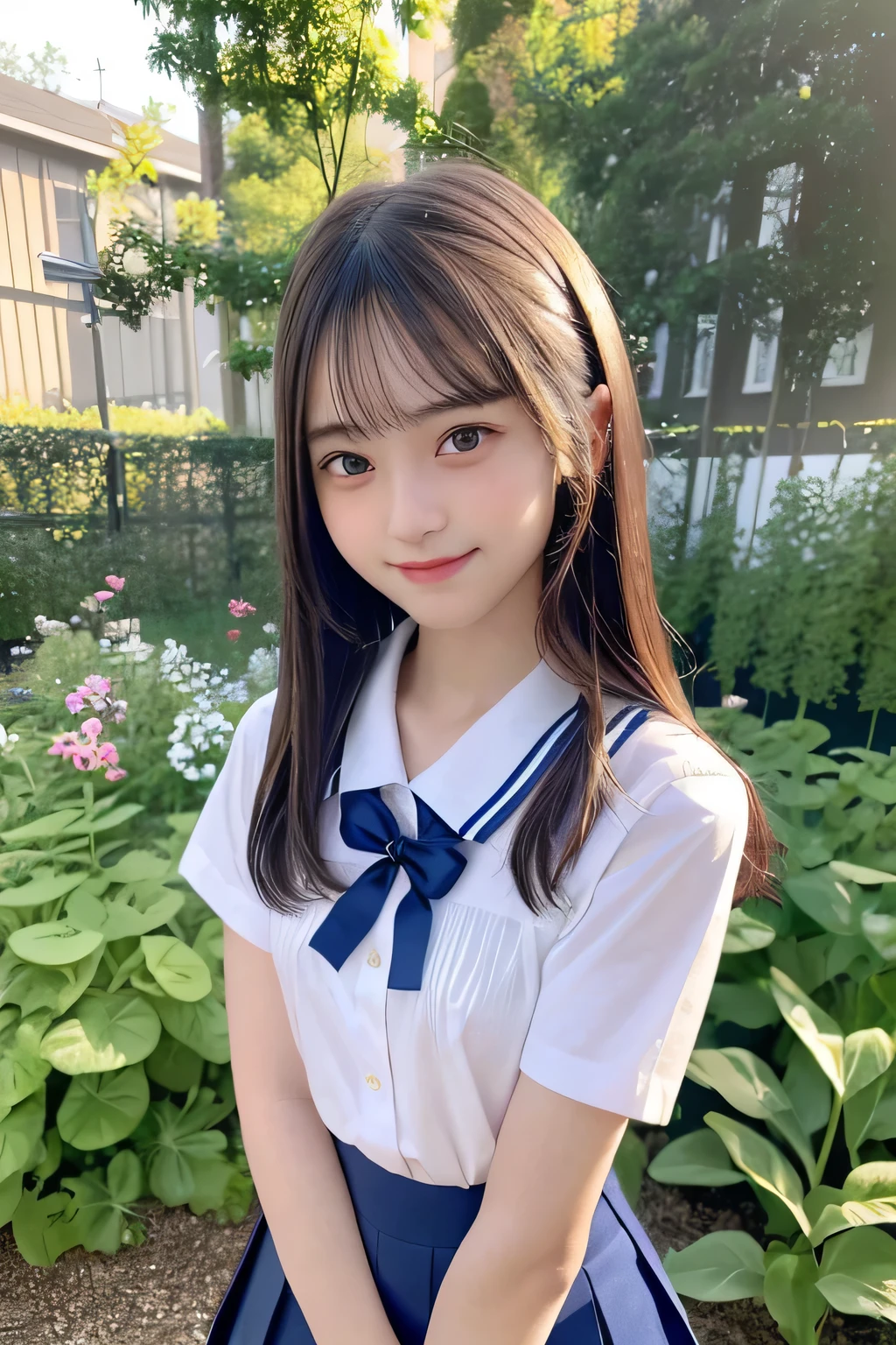 pieces fly、masterpiece、highest quality、Super detailed、High resolution、High resolution、8K portrait、unity 8k wallpaper、Detailed CG、unity 8k wallpaper、Detailed CGユニティ8kの壁紙、realistic、real person、portrait photography、shiny skin、(25 years old:1.2)、High resolution、beautiful clear eyes、very detailed explanation、delicate face、nice lips、thin waist、thin legs、1 girl、(garden:1.3)、(shirt, serafuku, crew_collar, school uniform, pleated skirt)、(big smile:1.2)、(take a pose:1.4)、(flat chest:1.4)