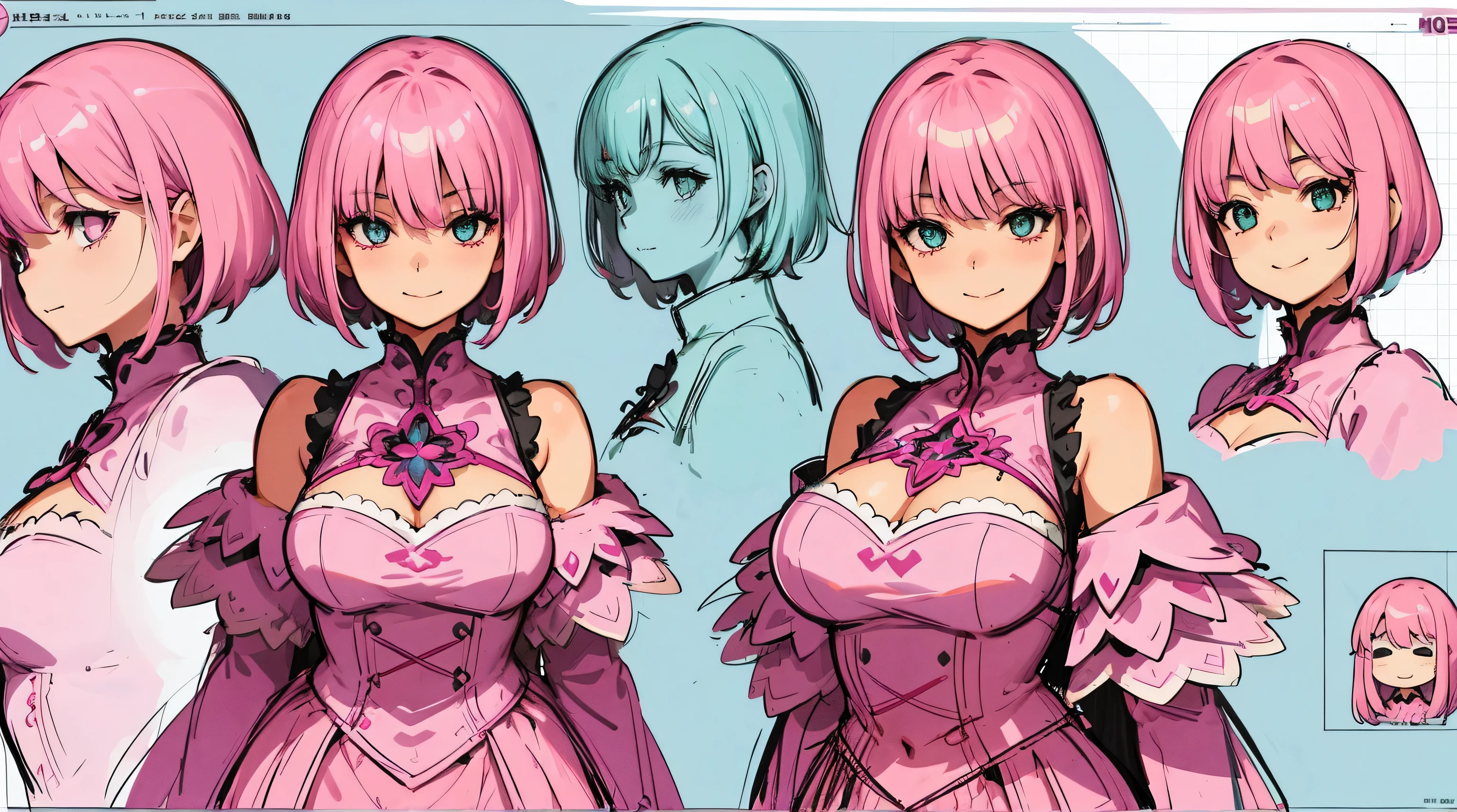 reference sheet, concept character, character design, sketch,
1girl, medium breasts, idol outfit, pink hair, short hair, bangs, official illustration, illustration, detailed face, beautiful intricate eyes) , closeup, light smile, happy expression
