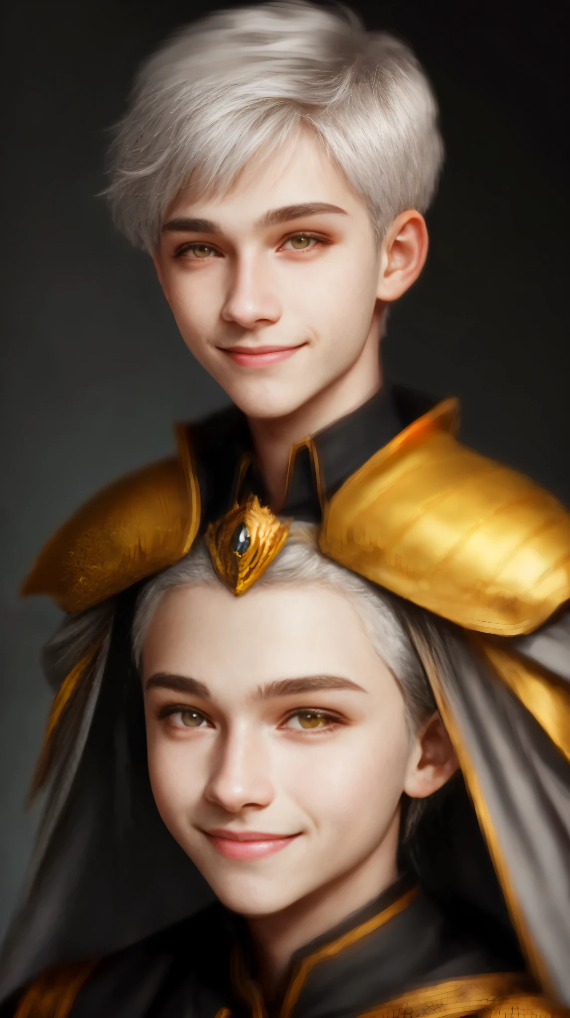 High definition, portrait, young guy, 18 years old, light gray hair, short haircut, yellow eyes, smiling, crown, portrait, young woman dark hair, realism, fantasy