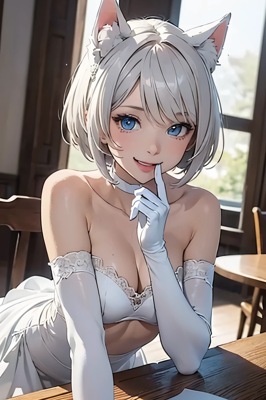 table top　High level image quality　best image quality　8K　 lady（I）　portrait　long gloves（（white gloves）（long gloves）（Elbow））　white pantyhose（（blanche））　Wedding dress（（No sleeve）（Tube top）（blanche）（frills））　wolf ears　short hair（（shortcut）（gray hair）（perm）（fluffy））　eye color is blue　laughter（（open your mouth）（smile）