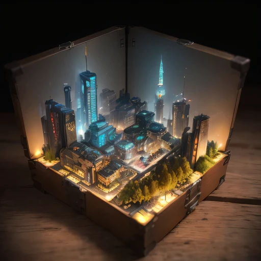 small realistic model, (bifurcation, original photo, best quality, masterpiece:1.4),SteampunkCyberpunk6920 City,(Cyberpunk light:1.3), Mards,horizon (related to land),(in a small nature box:1.3),Isometric, small nature, landscape on foundation,landscape,