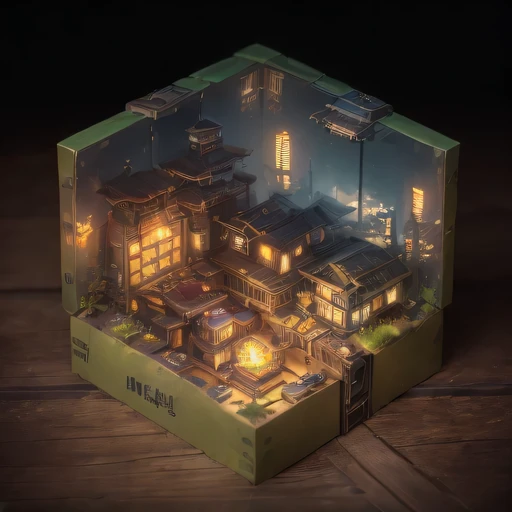 small realistic model, (bifurcation, original photo, best quality, masterpiece:1.4),SteampunkCyberpunk6920 City,(Cyberpunk light:1.3), Mards,horizon (related to land),(in a small nature box:1.3),Isometric, small nature, landscape on foundation,landscape,