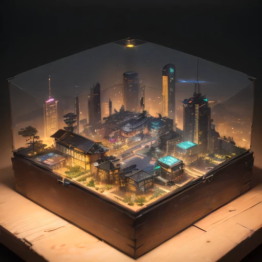 small realistic model, (bifurcation, original photo, best quality, masterpiece:1.4),SteampunkCyberpunk6920 City,(Cyberpunk light:1.3), Mards,horizon (related to land),(in a small nature box:1.3),Isometric, small nature, landscape on foundation,landscape,