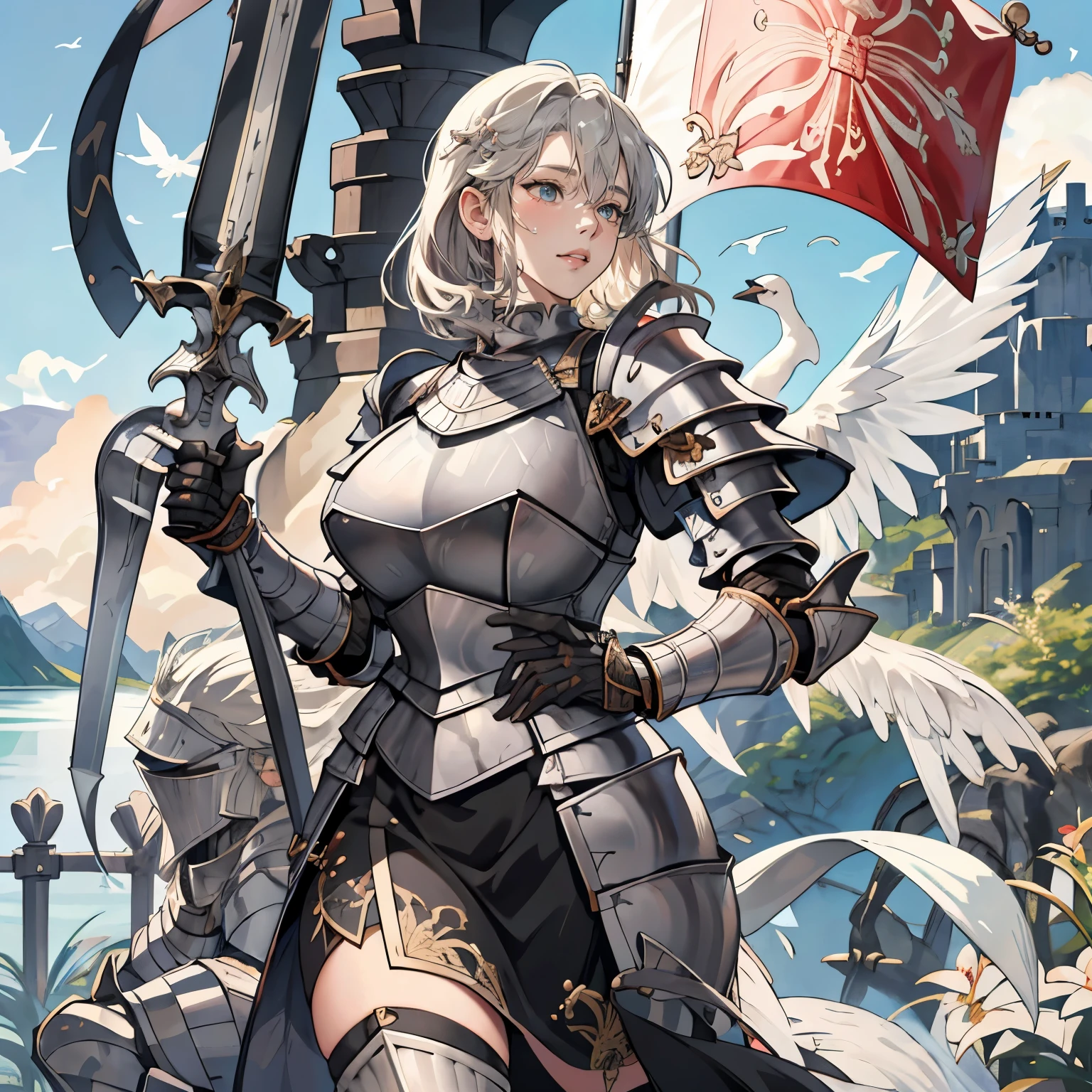 woman in her 20s、1 person、Angelic、large white wings on the back、Has 6 wings、Swan wings、With a round face、Round jaws、剣を持つarmorを着た女性の接写, armorの***, female knight, big and full breasts、full armor, full armor, gorgeous female paladin, female knight, of a 美しいfemale knight, 美しいarmor, Plump、thick waist、wide waist、full armor, armor、Gorgeous full-body armor, 見事なarmor, Trending with Art Station Pixiv, 美しいfemale knight、holding a greatsword、Great Sword of Steel、happy look、looking here、look at me、Lakeside、White battle flags are lined up、A large army in the distance behind、Forest and mountains in the background、Black string、black pattern