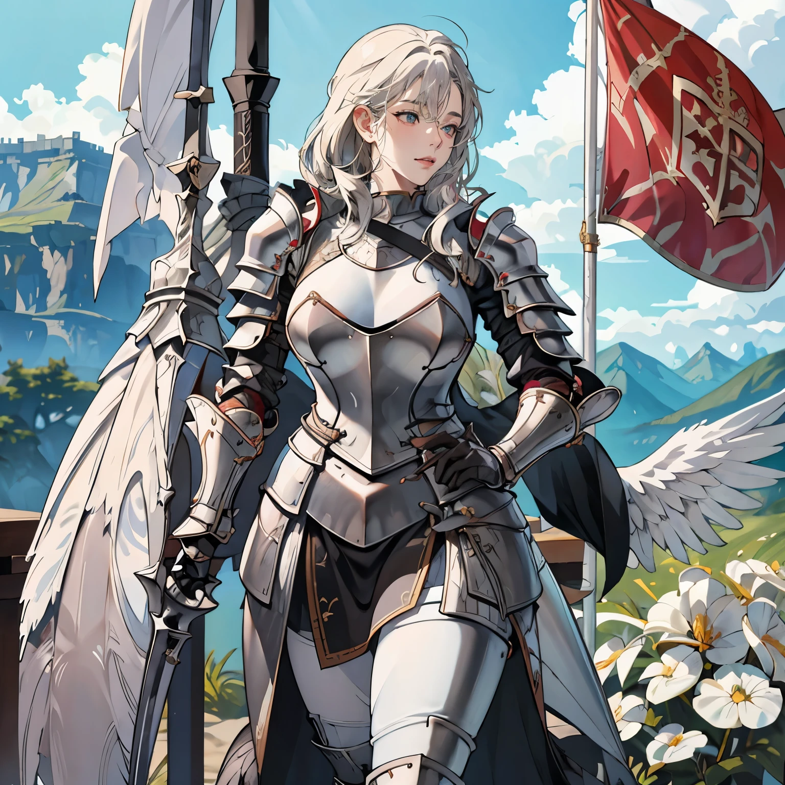 woman in her 20s、1 person、Angelic、large white wings on the back、Has 6 wings、Swan wings、With a round face、Round jaws、剣を持つarmorを着た女性の接写, armorの女の子, female knight, big and full breasts、full armor, full armor, gorgeous female paladin, female knight, of a 美しいfemale knight, 美しいarmor, Plump、thick waist、wide waist、full armor, armor、Gorgeous full-body armor, 見事なarmor, Trending with Art Station Pixiv, 美しいfemale knight、holding a greatsword、Great Sword of Steel、happy look、looking here、look at me、Lakeside、White battle flags are lined up、A large army in the distance behind、Forest and mountains in the background、Black string、black pattern
