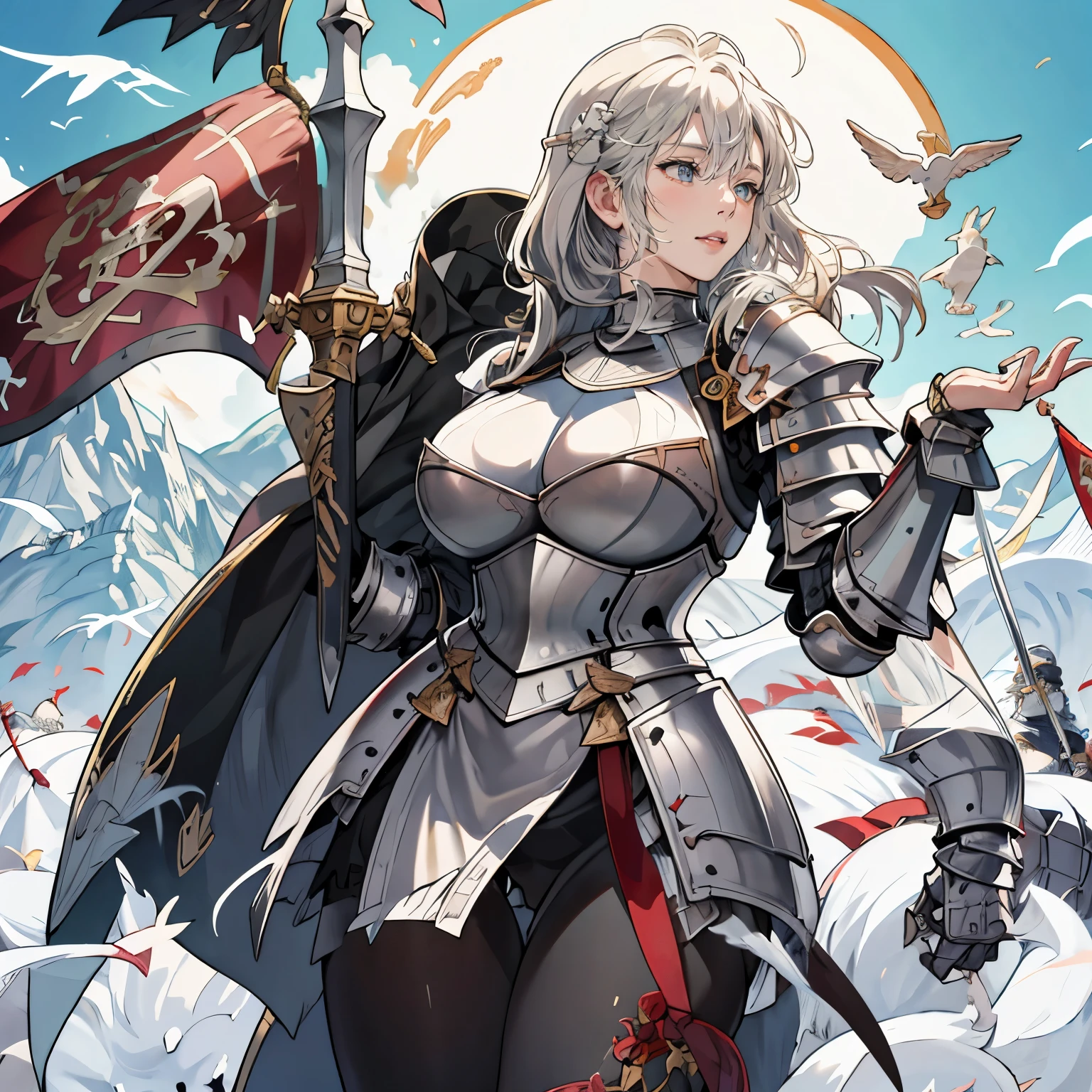 woman in her 20s、1 person、Angelic、large white wings on the back、Has 6 wings、Swan wings、With a round face、Round jaws、剣を持つarmorを着た女性の接写, armorの女の子, female knight, big and full breasts、full armor, full armor, gorgeous female paladin, female knight, of a 美しいfemale knight, 美しいarmor, Plump、thick waist、wide waist、full armor, armor、Gorgeous full-body armor, 見事なarmor, Trending with Art Station Pixiv, 美しいfemale knight、holding a greatsword、Great Sword of Steel、happy look、looking here、look at me、Lakeside、White battle flags are lined up、A large army in the distance behind、Forest and mountains in the background、Black string、black pattern