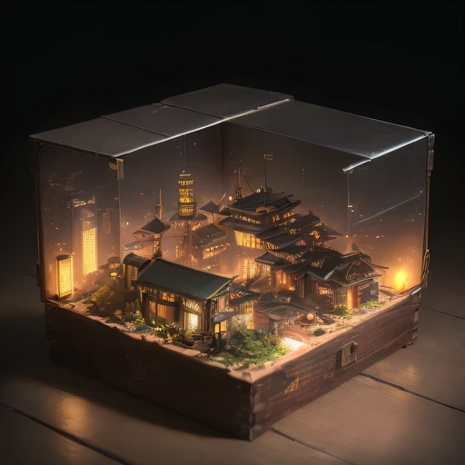 small realistic model, (bifurcation, original photo, best quality, masterpiece:1.4),SteampunkCyberpunk6920 City,(Cyberpunk light:1.3), Mards,horizon (related to land),(in a small nature box:1.3),Isometric, small nature, landscape on foundation,landscape,