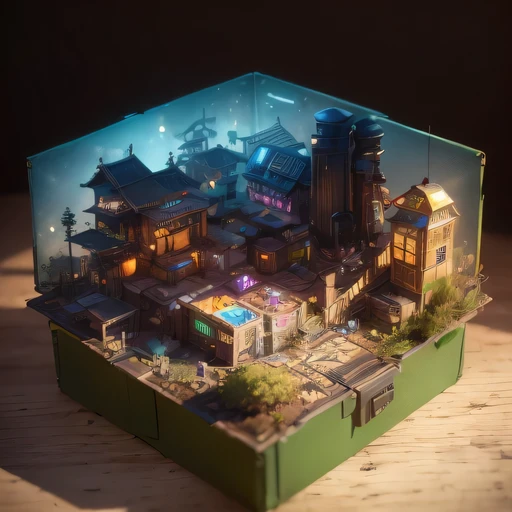 small realistic model, (bifurcation, original photo, best quality, masterpiece:1.4),SteampunkCyberpunk6920 City,(Cyberpunk light:1.3), Mards,horizon (related to land),(in a small nature box:1.3),Isometric, small nature, landscape on foundation,landscape,