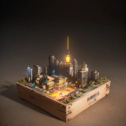 small realistic model, (bifurcation, original photo, best quality, masterpiece:1.4),SteampunkCyberpunk6920 City,(Cyberpunk light:1.3), Mards,horizon (related to land),(in a small nature box:1.3),Isometric, small nature, landscape on foundation,landscape,