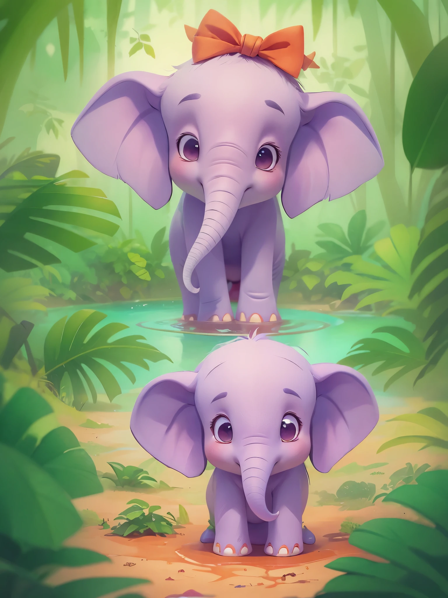 2 cute elephants,Big ears perpendicular to both sides of the head,Long nose,ivory,crawl,quadrupedal,happy,Drinking water by the water in the tropical rainforest,Pixar style illustration,