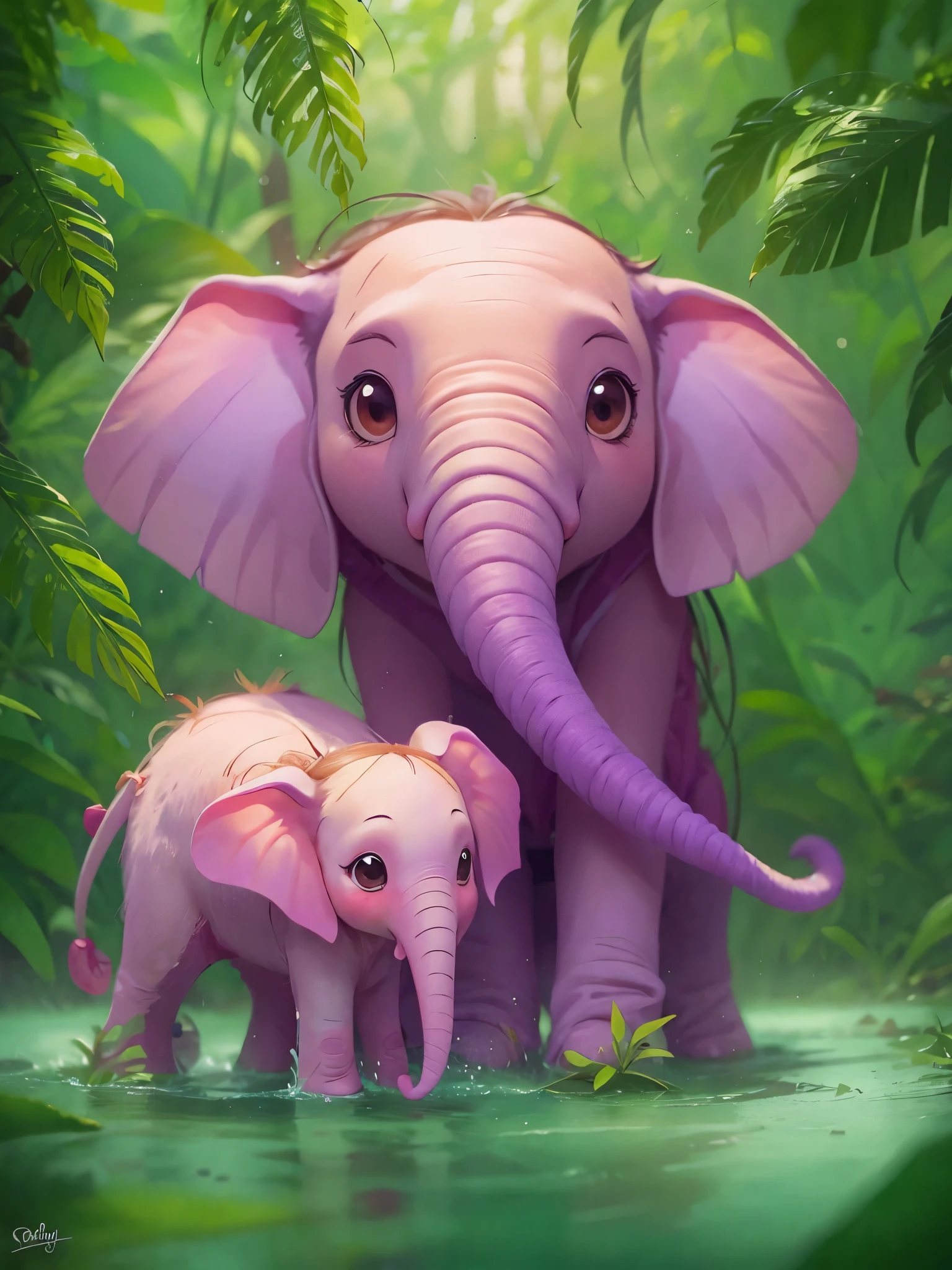 2 cute elephants,Big ears perpendicular to both sides of the head,Long nose,ivory,crawl,quadrupedal,happy,Drinking water by the water in the tropical rainforest,Pixar style illustration,