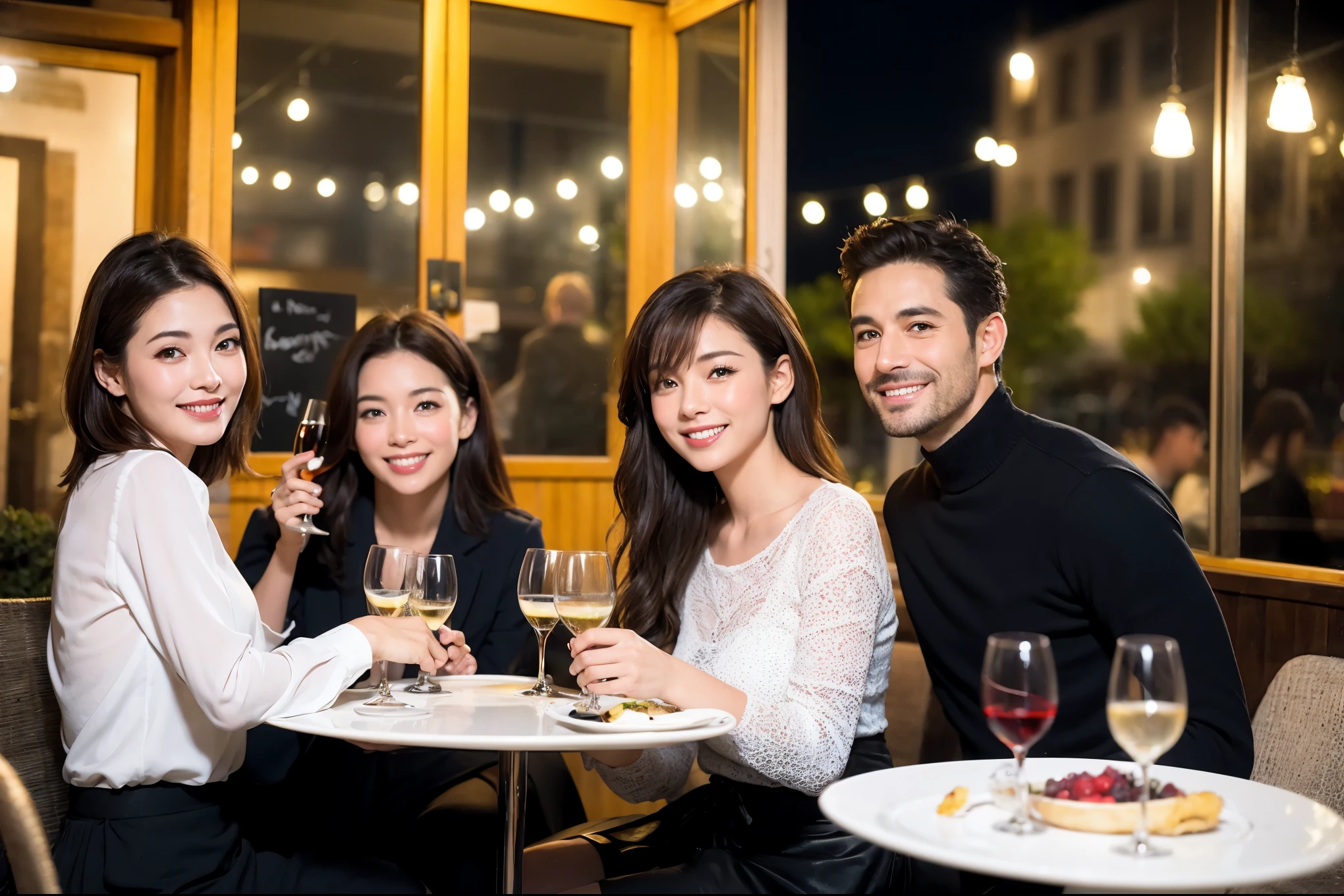64k, UHD, highest quality, masterpiece: 1.2), (realistic, photorealistic: 1.37), Super detailed, celebration party、beauty、beautiful mature woman、Japan、3 women who love wine、Three Men、champagne、Sparkling wine、winter night、restaurantでワイン宴会、(slimな男女4名),(Wine party for 5 people)、(slimフェイス),Happy、 最高なsmile、Fox Face、Berry Short、(because I&#39;thin), (brown hair), (shortcut), long sleeve shirt、winter fashion、Brazilian、Japanese、Dutch、German、Portuguese、Belgian、Italian、french, (gushing), (slimボティ), (brown hair), (shortcut), 端正なbeauty、cheeks blush a little, (41 years old), 38 years old, 35 years old、32 years old、28 years old、 A beautiful and detailed night view spreads out outside the window....., restaurant, wine glassが座っている, At night, in a prominent place (from the Upper body) nova frog style, actress, model, Upper body, White wine, slim, wine glass, Very beautiful night view, wine glass Put in the Middle, Happy smile, (smile: 1.15), 