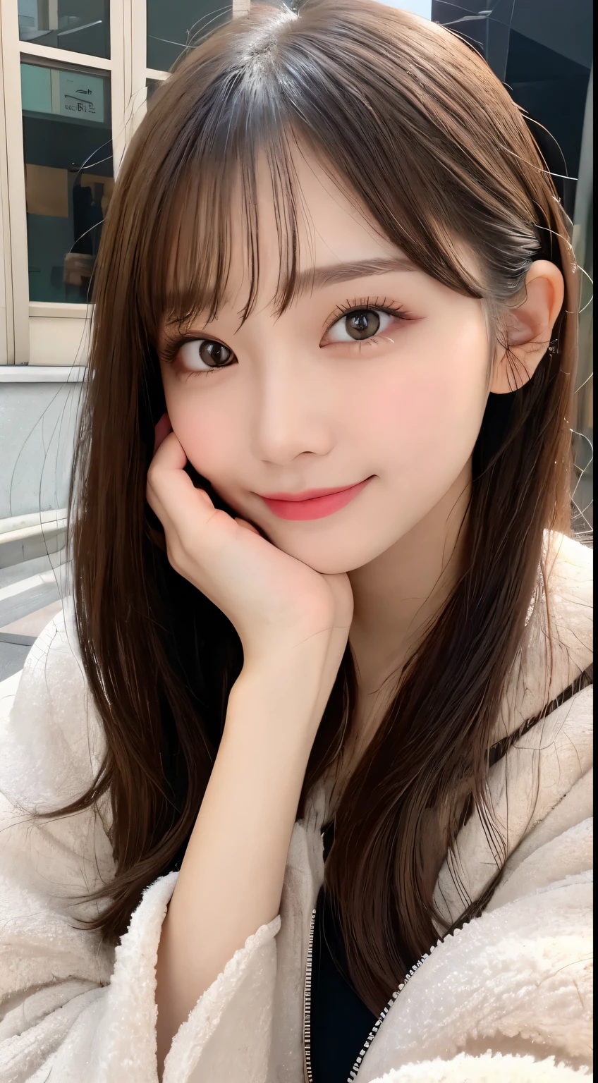 table top, highest quality, shape, Super detailed, finely, High resolution, 8k wallpaper, 完璧なダイナミックな構shape, beautiful and detailed eyes, Tokyo Trends Winter Dress Fashion,straight hair, small breasts, natural color lip, random sexy pose,cute smile,20 year old girl、beautiful and detailed face、perfect and beautiful face,Big eyes、Wear fluffy black outerwear with fur、beautiful detailed face、perfect and beautiful double eyelids、blur the background、perfect and beautiful face、Feminine poses、blur the background、slim face and style、blur background,real photos
