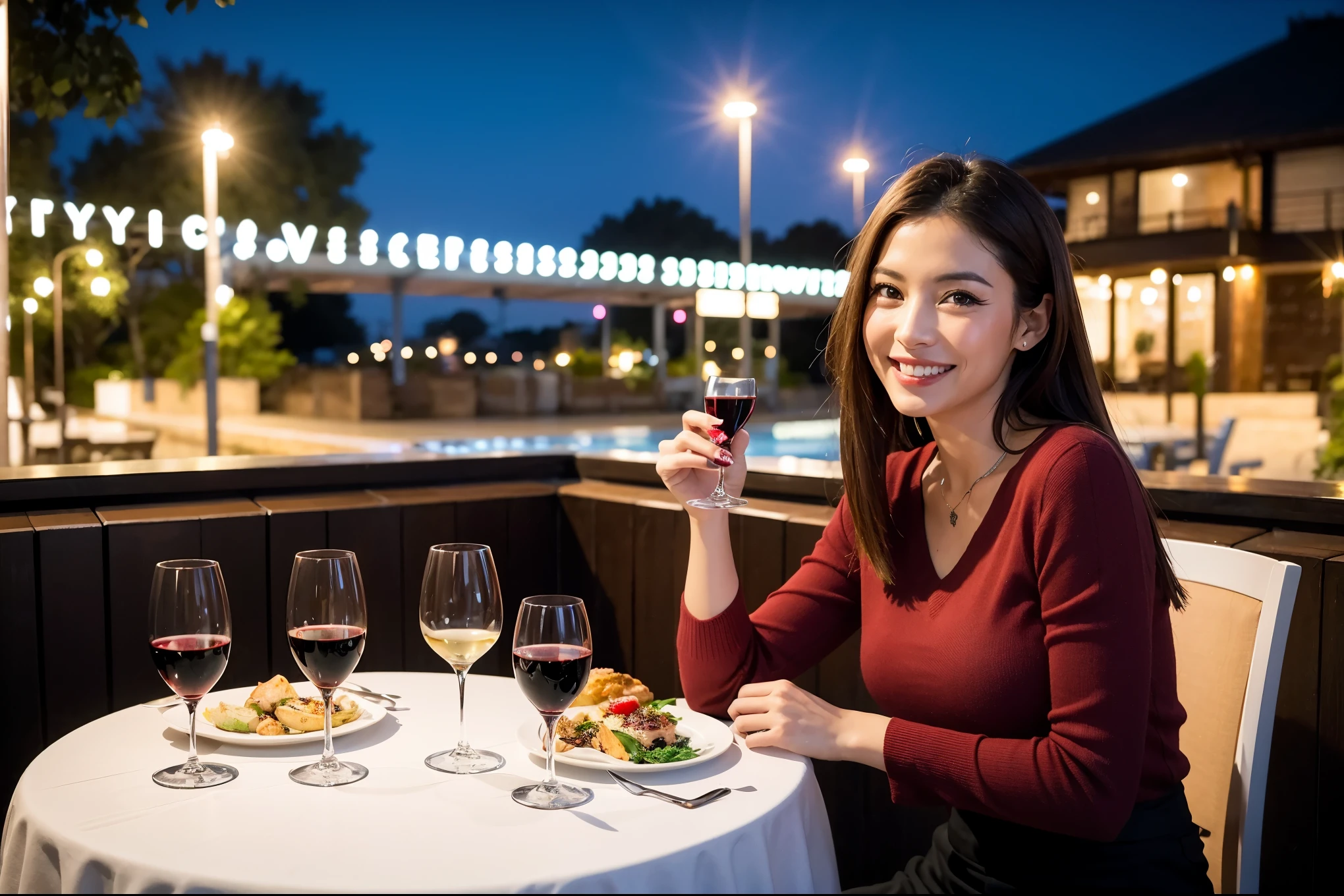 64k, UHD, highest quality, masterpiece: 1.2), (realistic, photorealistic: 1.37), Super detailed, celebration party、japanese woman、beauty、beautiful mature woman、3 women who love wine、Three Men、champagne、Sparkling wine、winter night、restaurantでワイン宴会、(slimな男女4名),(Wine party for 5 people)、(slimフェイス),Happy、 最高なsmile、Fox Face、Berry Short、(because I&#39;thin), (brown hair), (shortcut), long sleeve shirt、winter fashion、Colombia、Brazilian、Japanese、Dutch、German、Portuguese、Belgian、Italian、french, (gushing), (slimボティ), (brown hair), (shortcut), 端正なbeauty、cheeks blush a little, (41 years old), 38 years old, 35 years old、32 years old、 28 years old、A beautiful and detailed night view spreads out outside the window....., restaurant, wine glassが座っている, At night, in a prominent place (from the Upper body) nova frog style, actress, model, Upper body, White wine, slim, wine glass, Very beautiful night view, wine glass Put in the Middle, Happy smile, (smile: 1.15), 