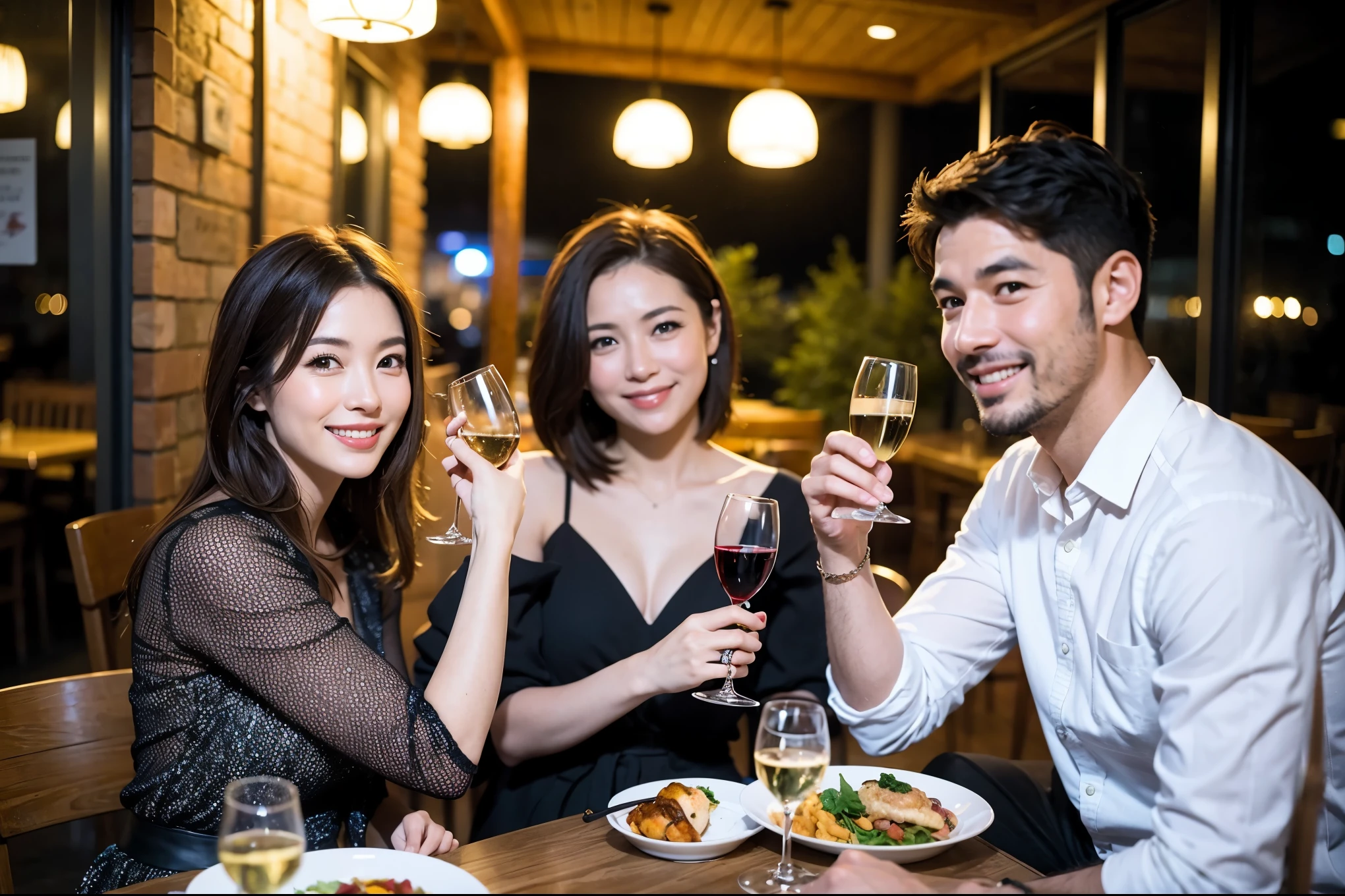 64k, UHD, highest quality, masterpiece: 1.2), (realistic, photorealistic: 1.37), Super detailed, celebration party、japanese woman、beauty、beautiful mature woman、3 women who love wine、Three Men、champagne、Sparkling wine、winter night、restaurantでワイン宴会、(slimな男女4名),(Wine party for 5 people)、(slimフェイス),Happy、 最高なsmile、Fox Face、Berry Short、(because I'thin), (brown hair), (shortcut), long sleeve shirt、winter fashion、Colombia、Brazilian、Japanese、Dutch、German、Portuguese、Belgian、Italian、french, (gushing), (slimボティ), (brown hair), (shortcut), 端正なbeauty、cheeks blush a little, (41 years old), 38 years old, 35 years old、32 years old、 28 years old、A beautiful and detailed night view spreads out outside the window....., restaurant, wine glassが座っている, At night, in a prominent place (from the Upper body) nova frog style, actress, model, Upper body, White wine, slim, wine glass, Very beautiful night view, wine glass Put in the Middle, Happy smile, (smile: 1.15),