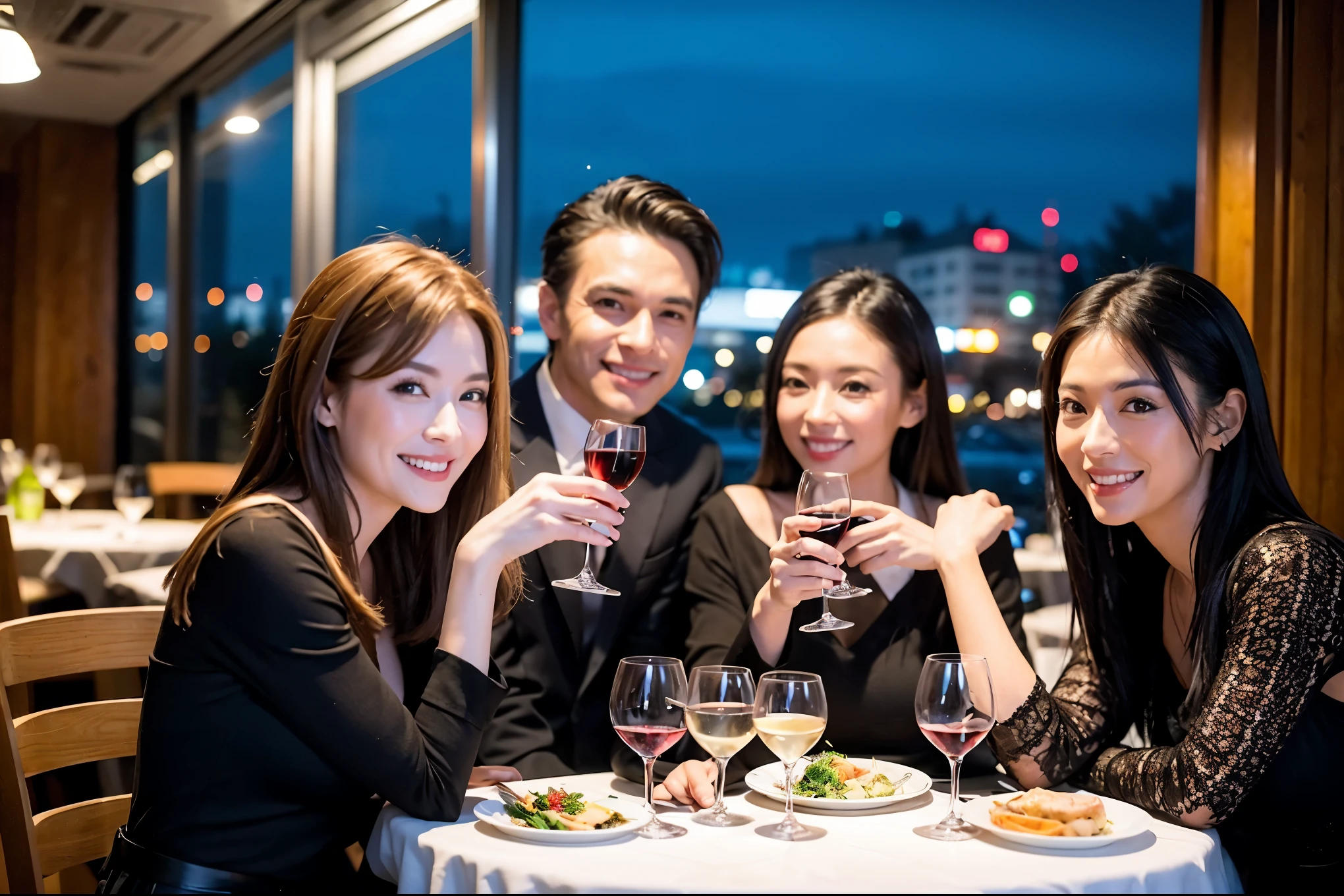 64k, UHD, highest quality, masterpiece: 1.2), (realistic, photorealistic: 1.37), Super detailed, celebration party、japanese woman、beauty、beautiful mature woman、3 women who love wine、Three Men、champagne、Sparkling wine、winter night、restaurantでワイン宴会、(slimな男女4名),(Wine party for 5 people)、(slimフェイス),Happy、 最高なsmile、Fox Face、Berry Short、(because I&#39;thin), (brown hair), (shortcut), long sleeve shirt、winter fashion、Colombia、Brazilian、Japanese、Dutch、German、Portuguese、Belgian、Italian、french, (gushing), (slimボティ), (brown hair), (shortcut), 端正なbeauty、cheeks blush a little, (41 years old), 38 years old, 35 years old、32 years old、 28 years old、A beautiful and detailed night view spreads out outside the window....., restaurant, wine glassが座っている, At night, in a prominent place (from the Upper body) nova frog style, actress, model, Upper body, White wine, slim, wine glass, Very beautiful night view, wine glass Put in the Middle, Happy smile, (smile: 1.15), 