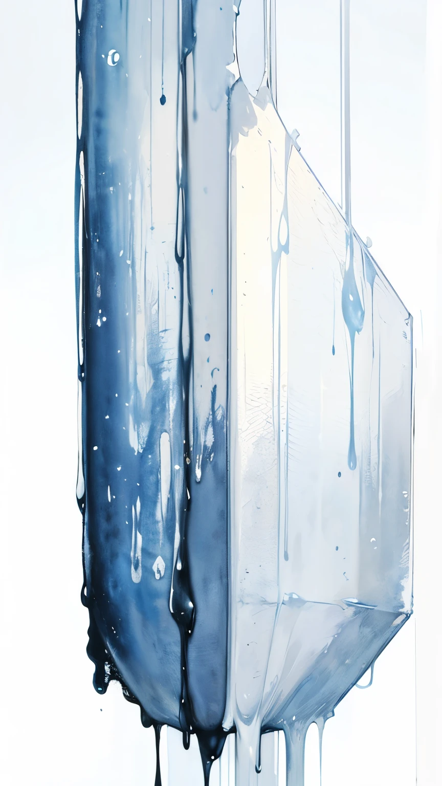 ((masutepiece)), (abstract art:1.5), (High Definition), Best Quality, (watercolor painting:1.3), (pale blue), wide shot, (cold atmosphere), raindrops, drop of water, (Rainning), (simple white background:1.9), landscape, (DISTRESS AND COMA),