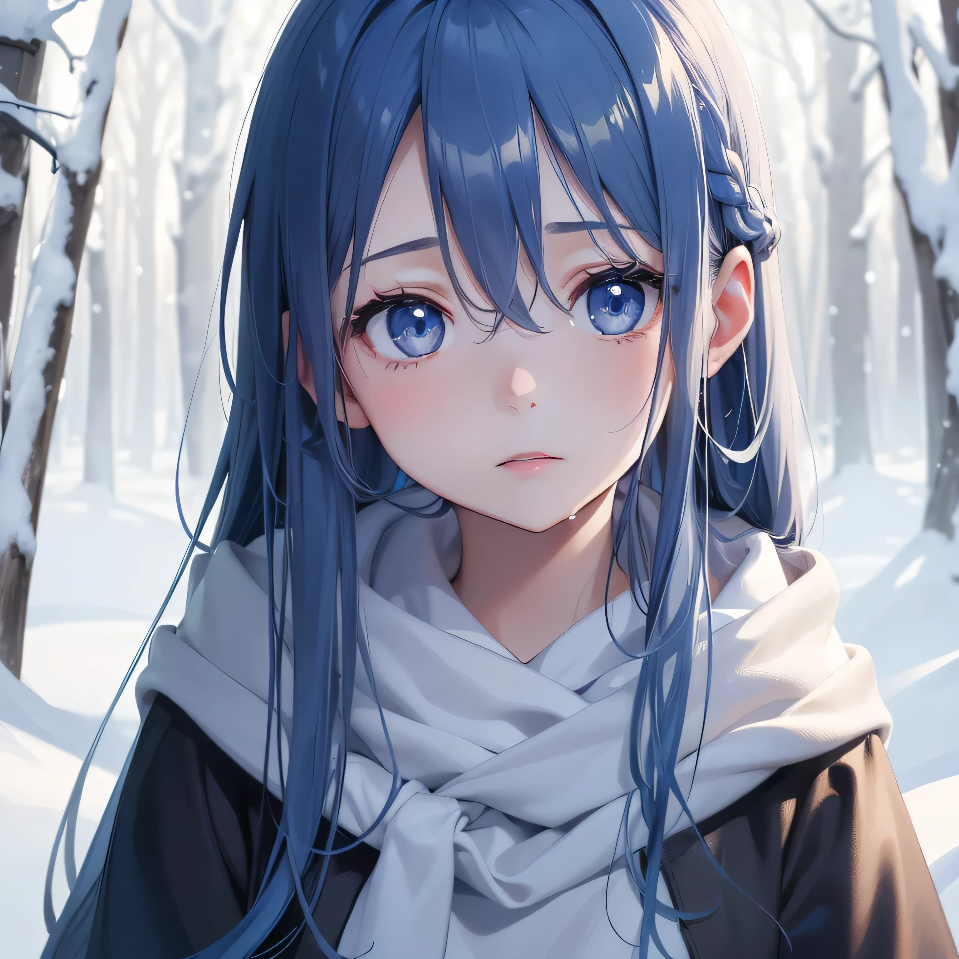 1 girl, (Ten generations), (close), (cute:1.2), closed mouth, Wet your lips, (rosy cheeks), (shy), (white skin), (dark blue eyes), (blue hair), (long hair), (Long strands), (cold:1.4), (Young pine forest), (snow),close up of face