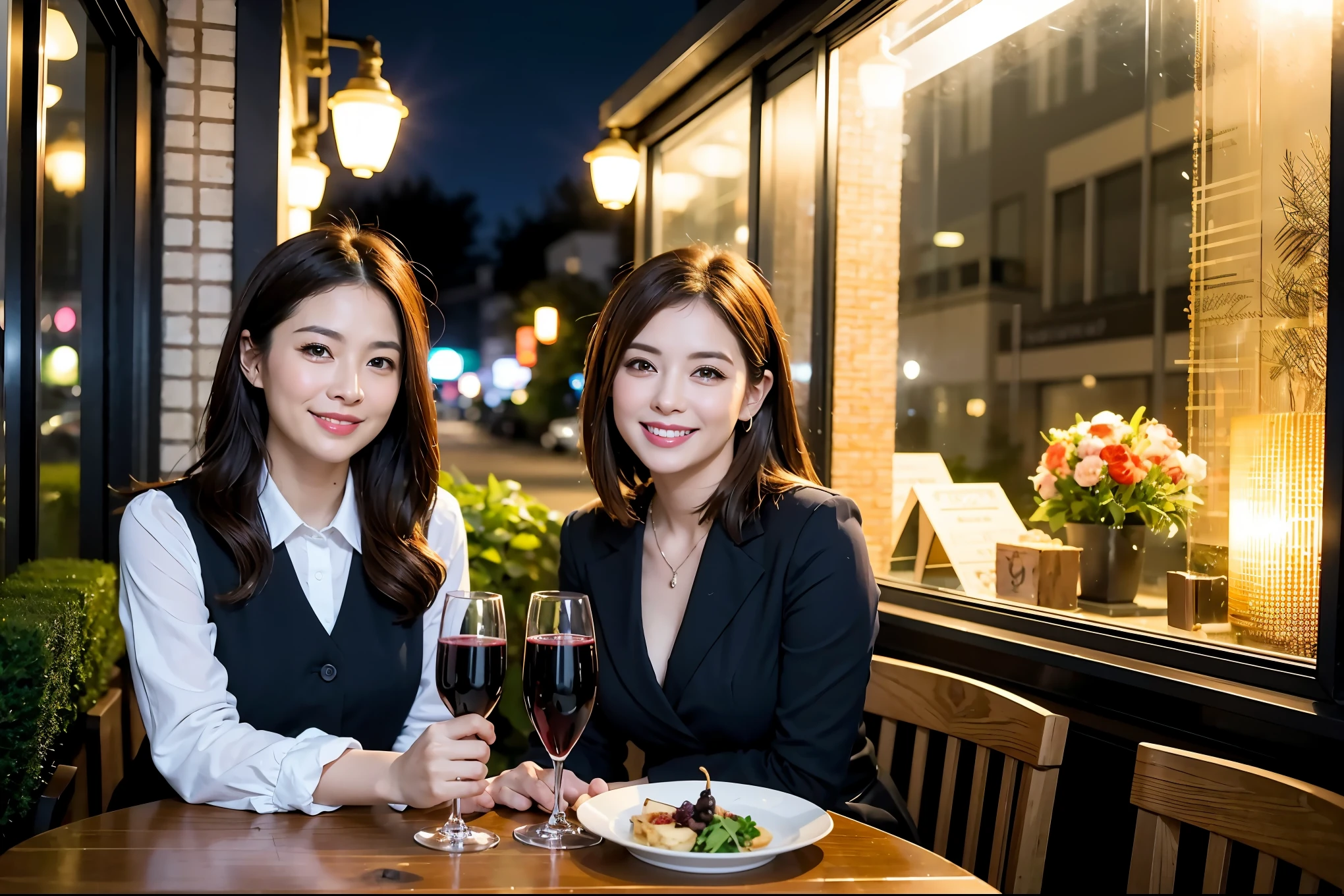 ((Highest quality、8K、masterpiece:1.3))、1 male 1 female、Satomi Ishihara、Beautiful couple、smile、full-course dinner、 (Slim face), (the body is スリム), (Brown Hair), (Shortcuts), ((Bob Hale、Straight hair:1.2)), テーブルの上のwine glass、Put the light on your face、 Amazing view of the sunset sky and clouds、smileの美しさ、Bright image、Blushing, Shortcuts, (43 years old), 39 years old, Appetizers、Italian food、Wine bottle、Champagne、sparkling wine、Long sleeve shirt、dress、Attractive beauty、restaurant, Nova Frog Style, actress, model, Upper Body, White wine, red wine, wine glass,