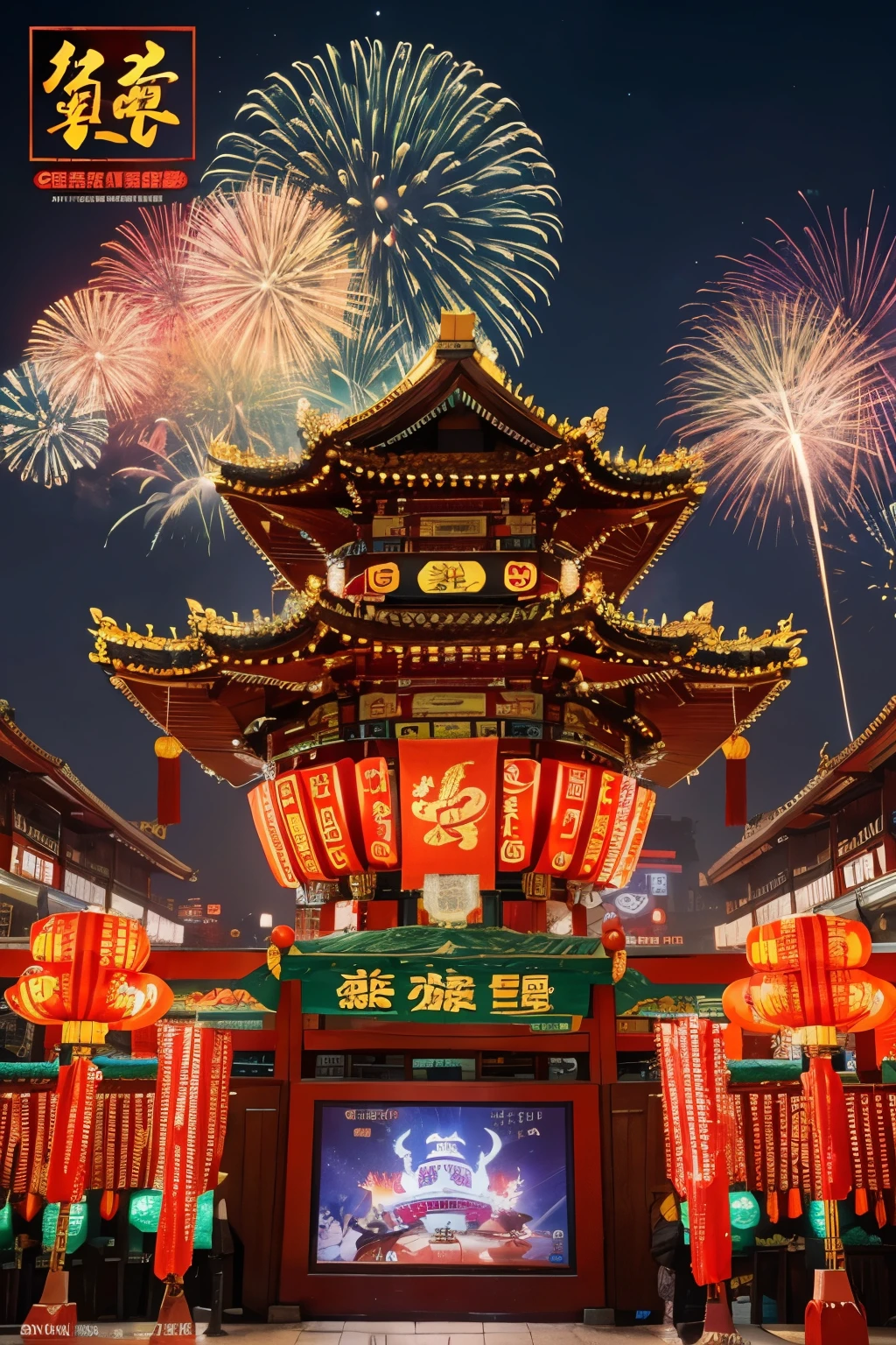 Rich details，Spring Festival poster，Lively streets，beaming，There are elements of the Spring Festival of the Year of the Dragon，There are a lot of people，The lights are very festive，There is a New Year atmosphere，The building next to it is decorated in Chinese style，There are gorgeous fireworks in the sky