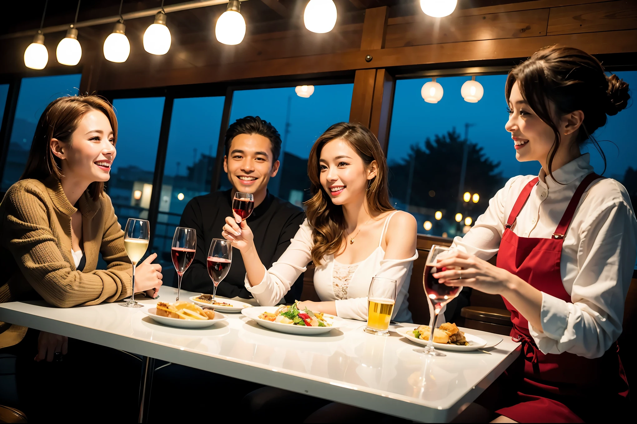 64k, UHD, highest quality, masterpiece: 1.2), (realistic, photorealistic: 1.37), Super detailed, Japanese beauty、Japan、celebration party、beauty、beautiful mature woman、3 women who love wine、Three Men、champagne、Sparkling wine、winter night、restaurantでワイン宴会、(slimな男女4名),(Wine party for 5 people)、(slimフェイス),Happy、 最高なsmile、Fox Face、Berry Short、(because I&#39;thin), (brown hair), (shortcut), long sleeve shirt、winter fashion、Japanese、Dutch、German、Portuguese、Belgian、Italian、french, (gushing), (slimボティ), (brown hair), (shortcut), 端正なbeauty、cheeks blush a little, (34 years old), 38 years old,32 years old、40 years old、 29yo、A beautiful and detailed night view spreads out outside the window....., restaurant, wine glassが座っている, At night, in a prominent place (from the Upper body) nova frog style, actress, model, Upper body, White wine, slim, wine glass, Very beautiful night view, wine glass Put in the Middle, Happy smile, (smile: 1.15), 