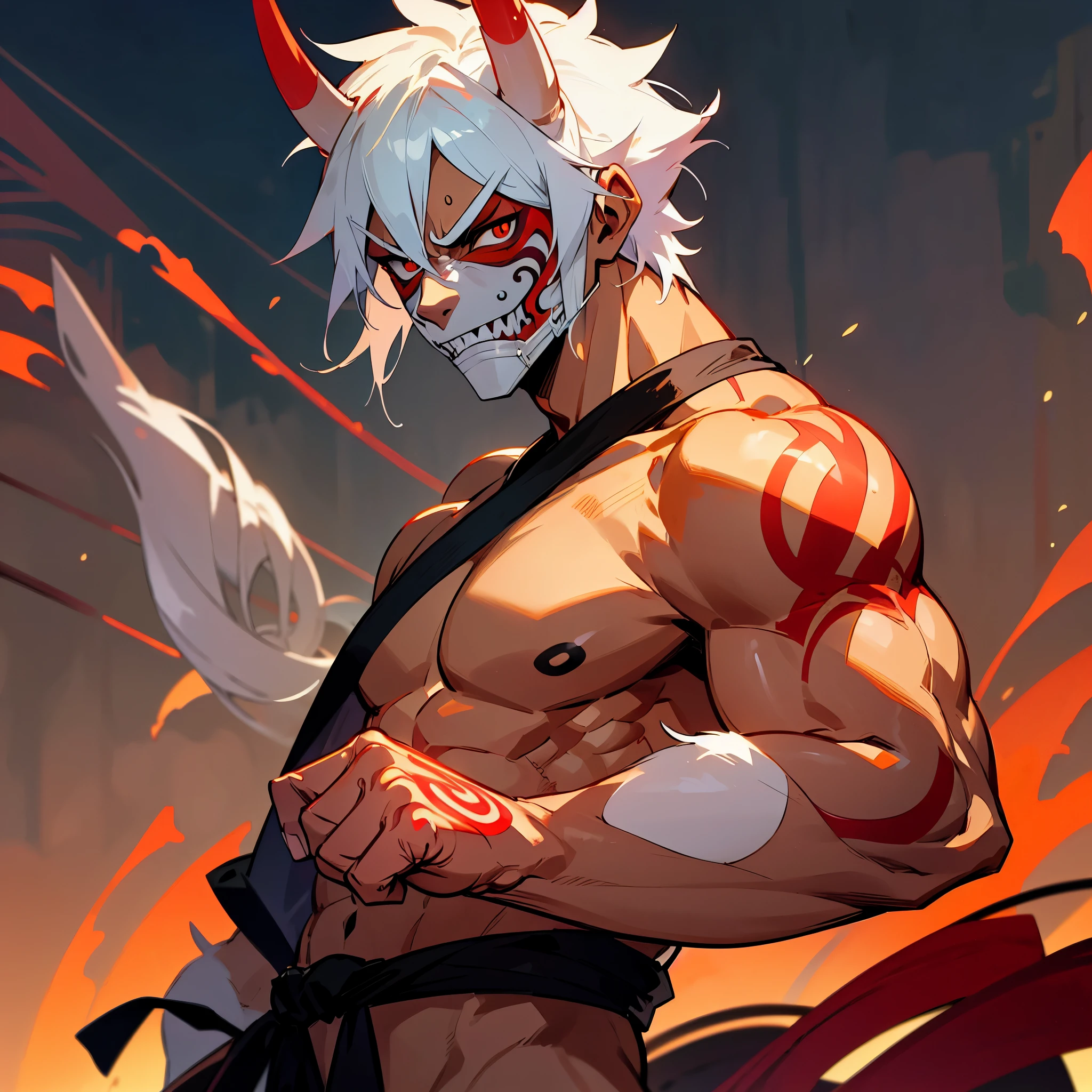 anime muscular tanned man wearing a mask, oni mask showing sharp teeth, topless man, faceless, noseless, experienced and capable martial artist, ritual body tattoos, wooden training arena background scenery