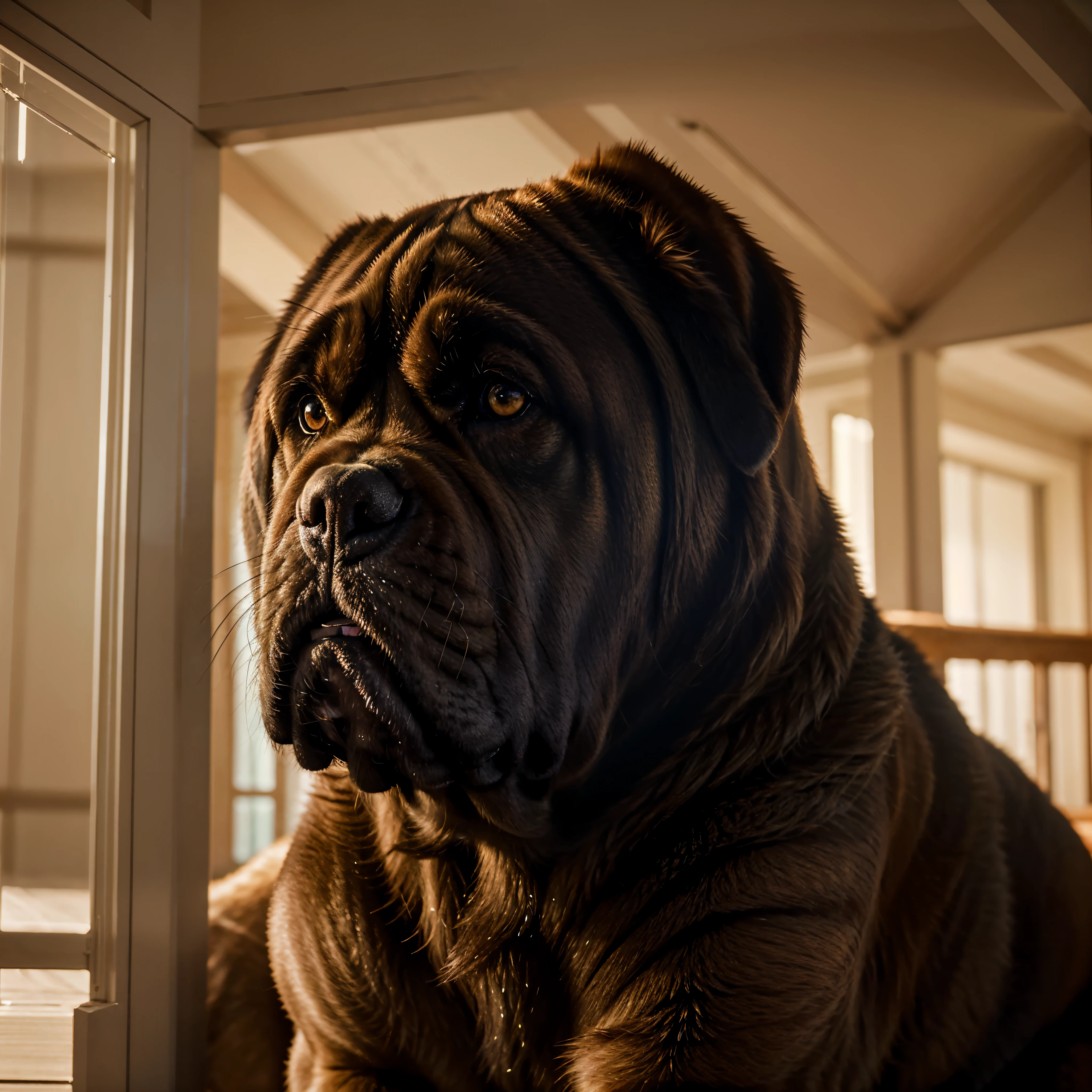 Create a stunning image that captures the majesty and captivating personality of the English Mastiff. Explore the breed'It's a charming beauty, highlighting details as a noble expression, o porte imponente e a pelagem luxuosa. Use techniques that enhance the magical atmosphere around this canine specimen, creating a visual masterpiece that conveys the unique essence of the English Mastiff. The image should evoke emotion and fascination, providing readers with an engaging and memorable look at this magnificent dog.