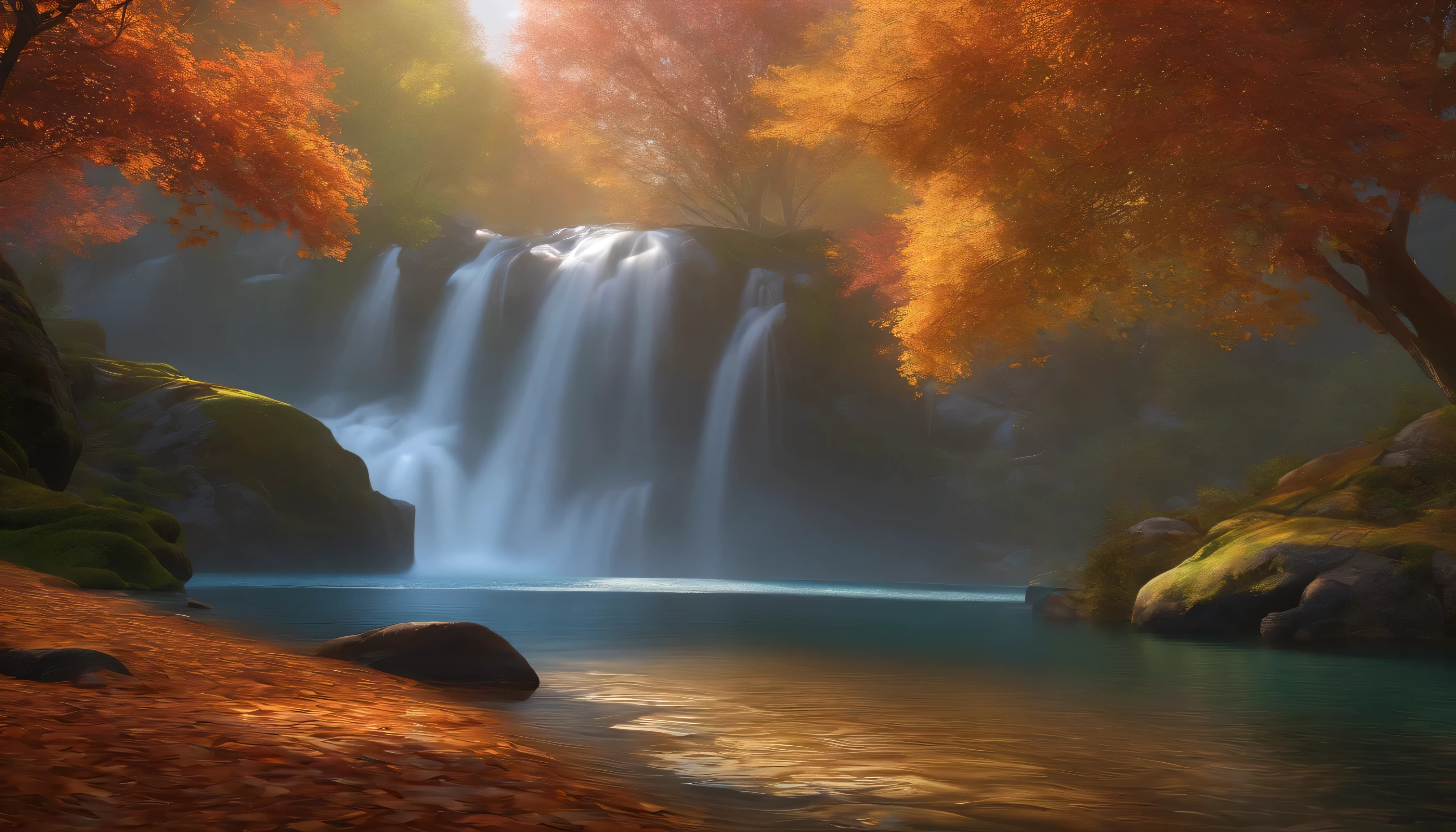 Masterpiece, top quality, high quality, highly detailed CG Unity 8k wallpapers, ) very colorful and purely fantasy environment with bright skies, littered with brightly colored leaves), images of autumn foliage, and the air is filled with sweet exotic scents, (the environment seems to be taken out of a dream), award-winning photos, bokeh, depth of field, HDR, bloom, Chromatic aberration, photorealistic: 1.3, highly detailed, trending on ArtStation, trending on CGSetsoty, complex and highly detailed, dramatic,