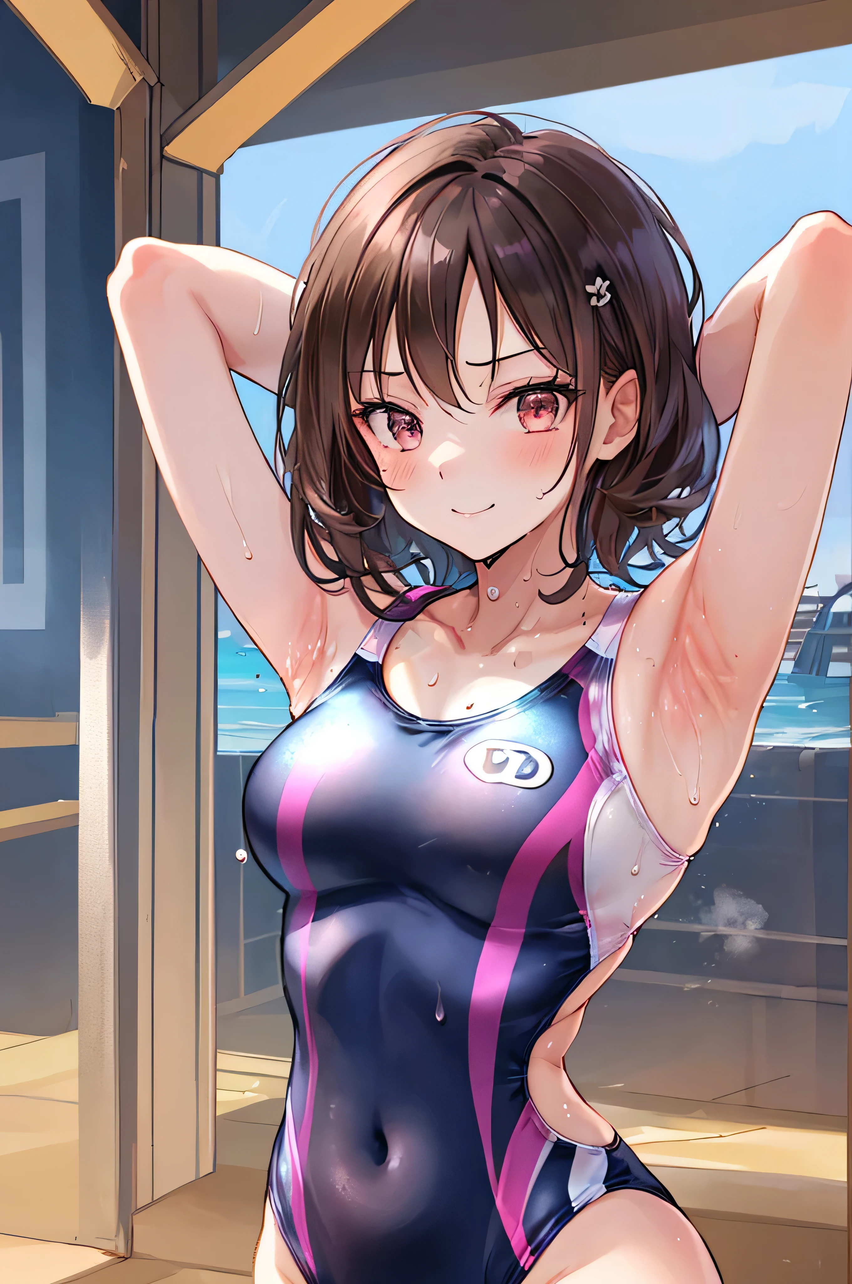 (awardwinning:1.3), (top-quality), (8K High Resolution), ((Ultra-detailliert)), ((1 girl in)), ((Anatomically correct)), good lighting, ((Full limbs)), ((complete fingers)), ((Slender 18 year old beautiful active girl)), ((High )), Extra very short hair, (Slender Brown eyes:1.5), ((Dark-haired:1.99)), ((Bright-cyan and pink competitive swimsuit:1.5)), ((Onepiece swimsuit:1.9), wet, wetting hair, A smile, full body Esbian, Photo session, Bust 86, Waist 58, Hip 88, ((full of sweat)), (Put your hands behind your head, Show the armpits:1.28)