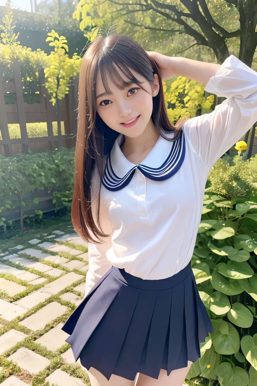 pieces fly、masterpiece、highest quality、Super detailed、High resolution、High resolution、8K portrait、unity 8k wallpaper、Detailed CG、unity 8k wallpaper、Detailed CGユニティ8kの壁紙、realistic、real person、portrait photography、shiny skin、(25 years old:1.2)、High resolution、beautiful clear eyes、very detailed explanation、delicate face、nice lips、thin waist、thin legs、1 girl、(garden:1.3)、(shirt, serafuku, crew_collar, school uniform, pleated skirt)、(big smile:1.2)、(take a pose:1.4)、(flat chest:1.4)