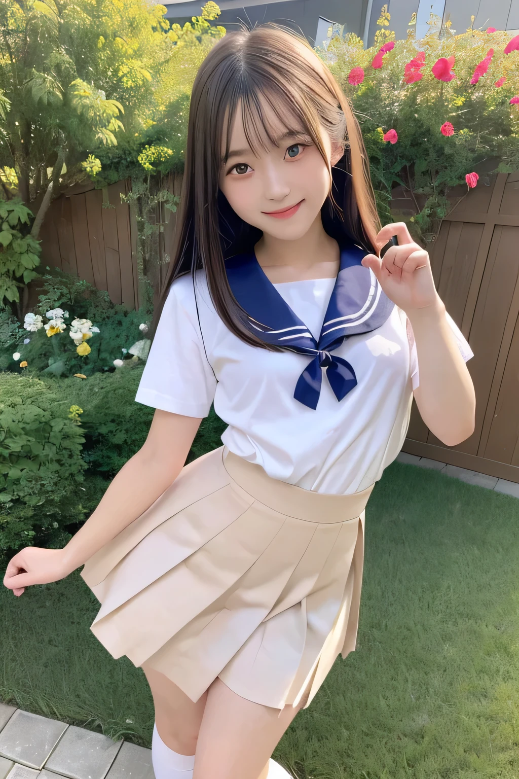 pieces fly、masterpiece、highest quality、Super detailed、High resolution、High resolution、8K portrait、unity 8k wallpaper、Detailed CG、unity 8k wallpaper、Detailed CGユニティ8kの壁紙、realistic、real person、portrait photography、shiny skin、(25 years old:1.2)、High resolution、beautiful clear eyes、very detailed explanation、delicate face、nice lips、thin waist、thin legs、1 girl、(garden:1.3)、(shirt, serafuku, crew_collar, school uniform, pleated skirt)、(big smile:1.2)、(take a pose:1.4)、(flat chest:1.4)