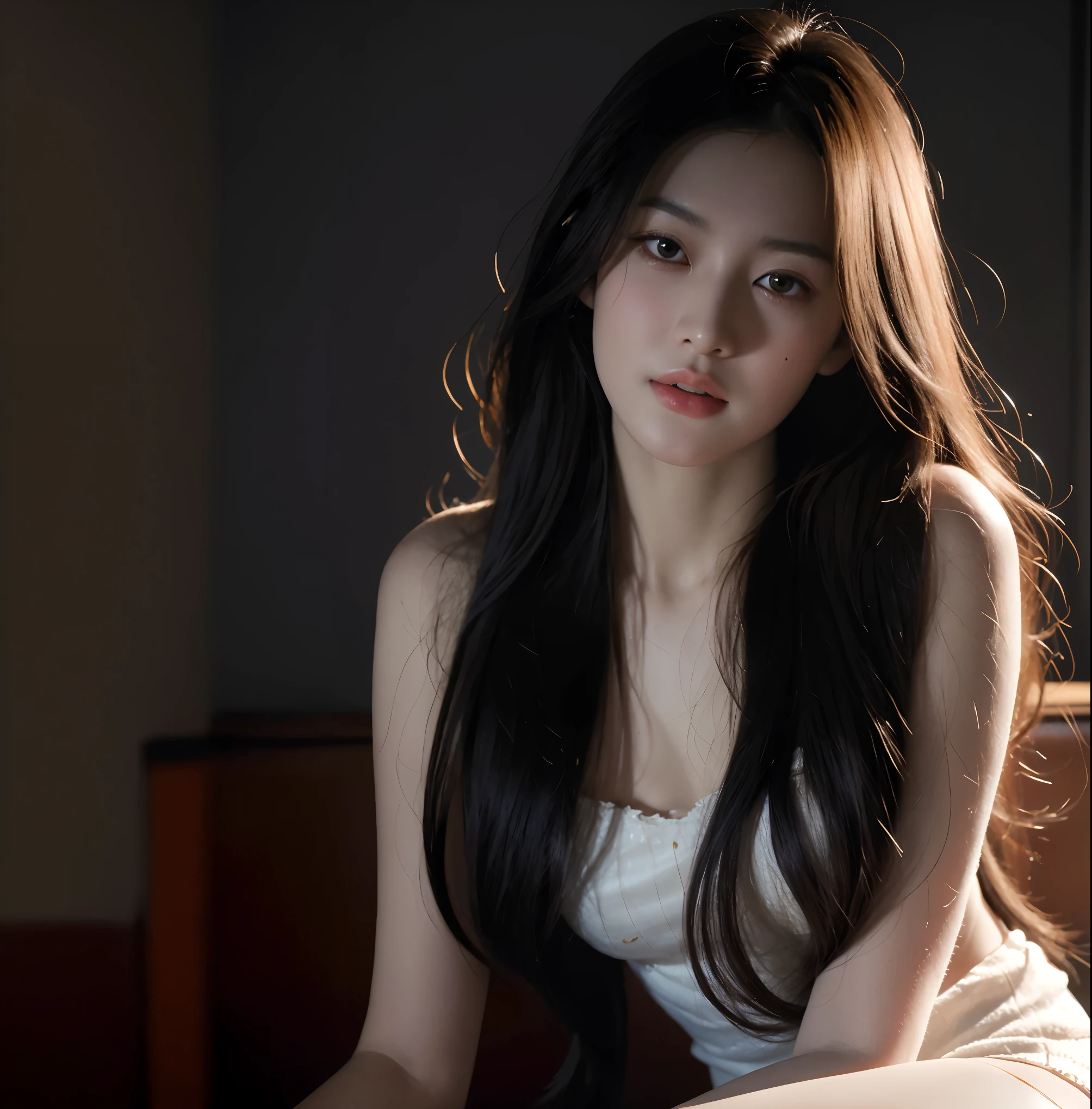 Alaphid Asian woman wearing white dress sitting on sofa, gorgeous young korean woman, beautiful south korean woman, beautiful young korean woman, Gorgeous Chinese model, korean girl, beautiful soft lighting, asian girl long hair, Soft light shines from the side, korean woman, long hair, beautiful asian girl, Delicate and soft hazy light, Canon eos r 6 shot