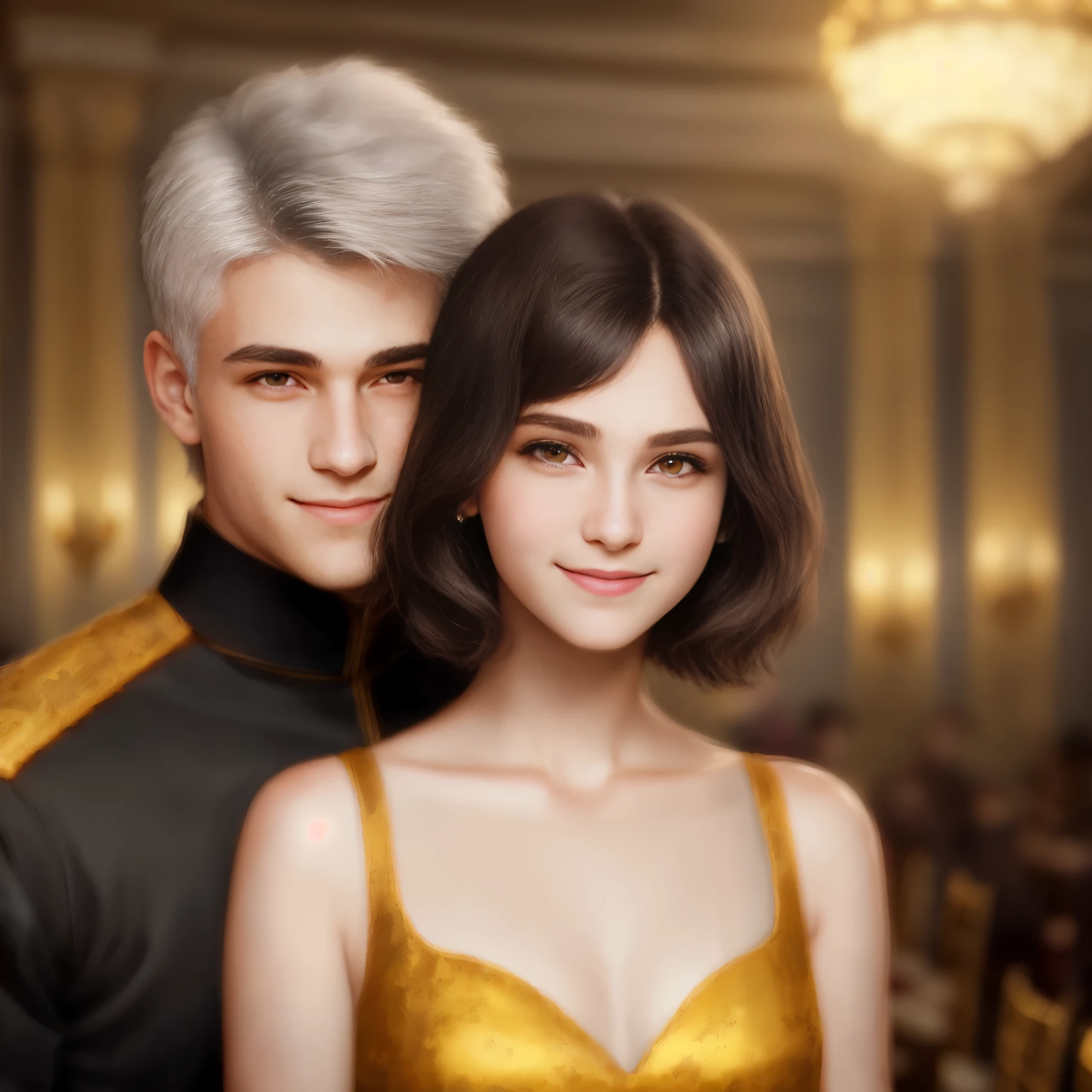 High resolution, portrait, young guy and young woman with dark hair, 18 years old, light gray hair, short haircut, yellow eyes, smile, crown, portrait, ballroom in the background, realism, fantasy