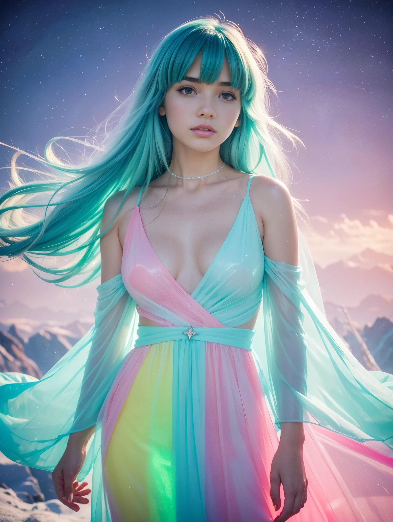 (fluorescent colors:1.4),(translucent:1.4),(retro filters:1.4), (fantasy:1.4), candy world Disney land ethereal soft fluffy soft landscape forest snowavatar Pastel pink sky green blue sparkle ethereal light pastel whimsical light rainbow stars diamonds sparkle gemstone background hyper realistic Ultra quality cinematic lighting immense detail Full hd painting Well lit,diagonal bangs, , collared dress,on side, masterpiece, best quality,realskin,(portrait:1.5), 1girl, blunt bangs, long hair