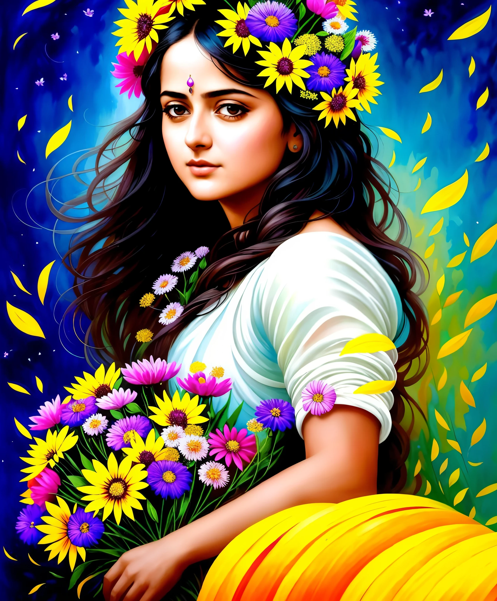 Looks like Anushka Shetty, arafed portrait of a woman with flowers in her hair, woman in flowers, girl in flowers, surreal beautiful young woman, perky woman made of petals, flower storm portrait, beautiful art uhd 4 k, karol bak uhd, the girl made out of flowers, covered with flowers, girl in a bed of flowers, beautiful gorgeous digital art