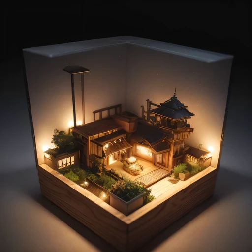 small realistic model, (bifurcation, original photo, best quality, masterpiece:1.4),SteampunkCyberpunk6920 City,(Cyberpunk light:1.3), Mards,horizon (related to land),(in a small nature box:1.3),Isometric, small nature, landscape on foundation,landscape,