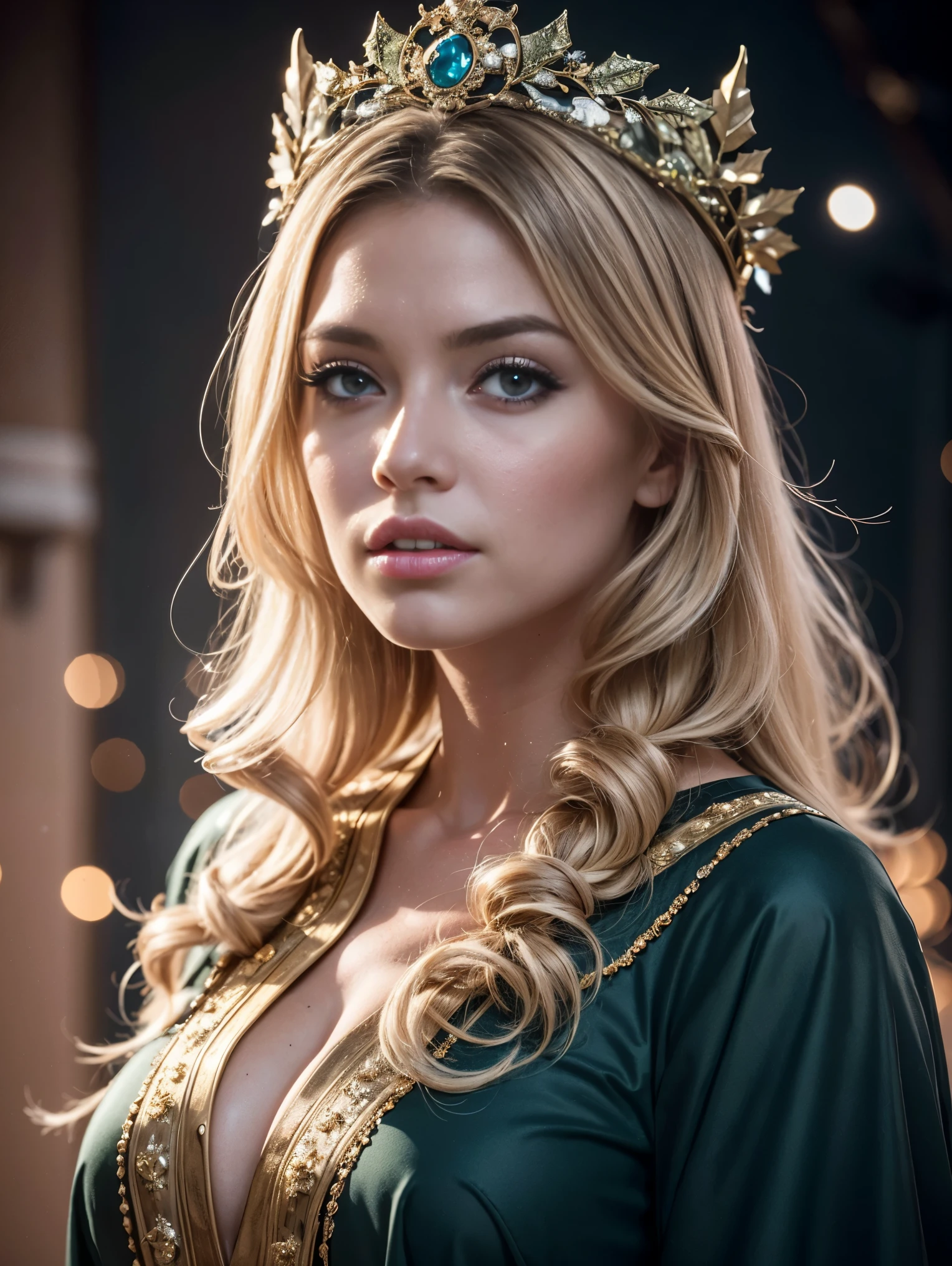 a beautiful empress portrait, blonde hair, perfect blue eyes, with a brilliant, impossible striking big Christmas headpiece, clothes Santa robes, everything Christmas, snow, symmetrical, dramatic studio lighting, rococo, baroque, greens, asian, hyperrealism, closeup, D&D, fantasy, intricate, elegant, highly detailed, digital painting, artstation, octane render, 8k, concept art, matte, sharp focus