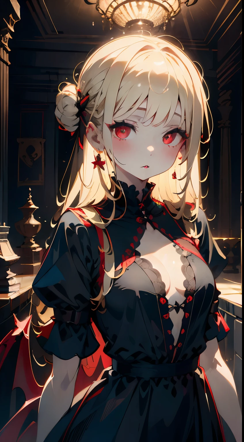 one girl、unparalleled beauty、cute face、ruddy face、fine eyes、(((vampire、deep red eyes、black lips、Expressionless)))、dark fantasy、Drifting eroticism、bun hair、blonde、Classy dresses、small breasts、ancient city、dark drawing room、Luxurious ornaments、dark lighting、dark lighting、masterpiece、highest quality、super resolution、best image quality、Super detailed、
