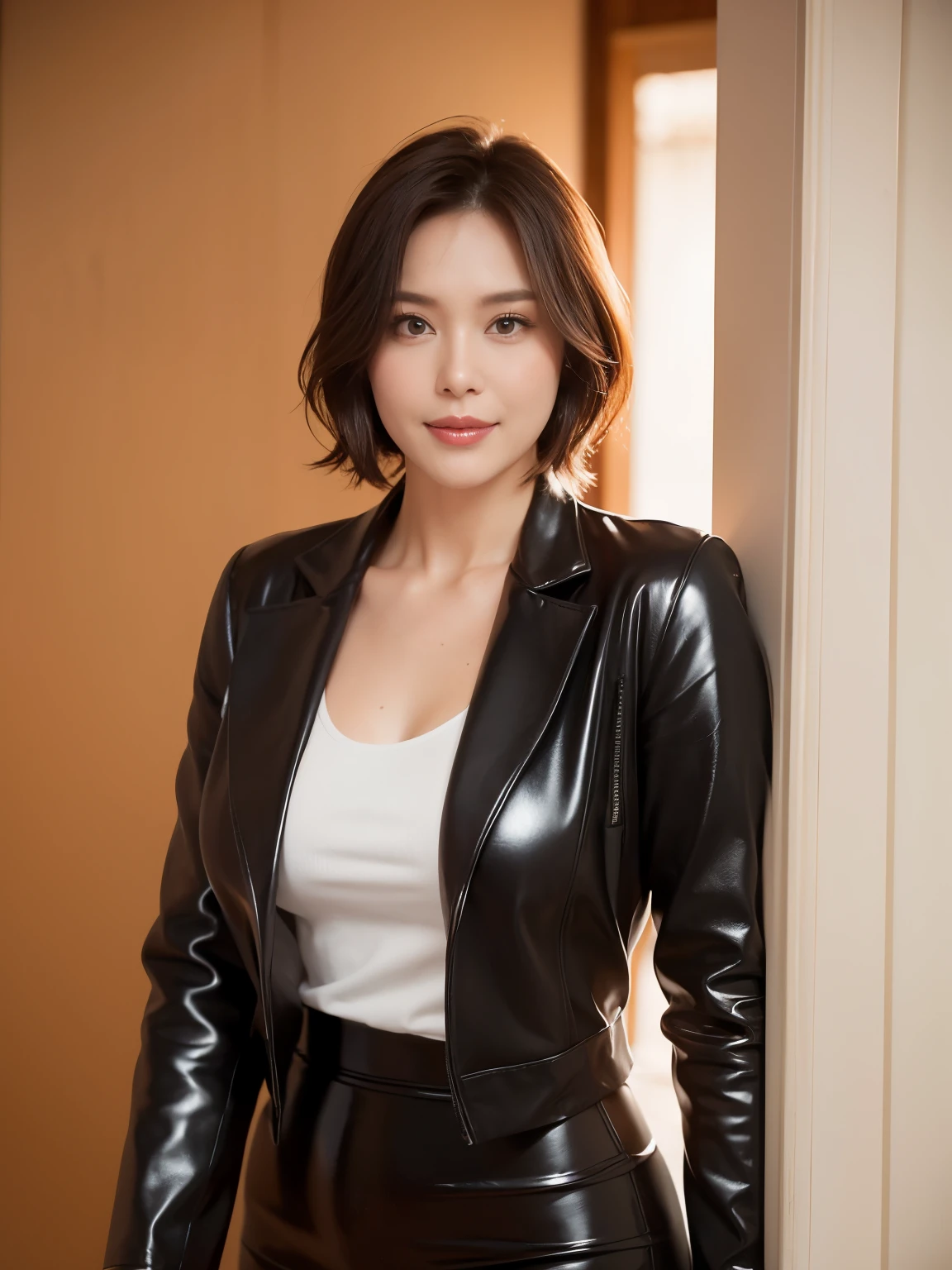 masterpiece,highest quality, (1 milf、38 years old), ((close:0.5)), ((Cross Arm)), glare, wool jacket,genuine leather pants、 white shirt, double eyelid, eyelash, lip gloss, (smile:1), ((close your eyes:0.85)), ((looking at the viewer、The whole body is reflected、Are standing)), to be born, (From above:0.2), ((no one)), (office)、written boundary depth、尖ったred mouth、(reddish brown wet shiny short hair,,,,,,,,,),red mouth,clavicle、full body portrait、digital illustration, (Photoreal:1.3),(Raw photo.)