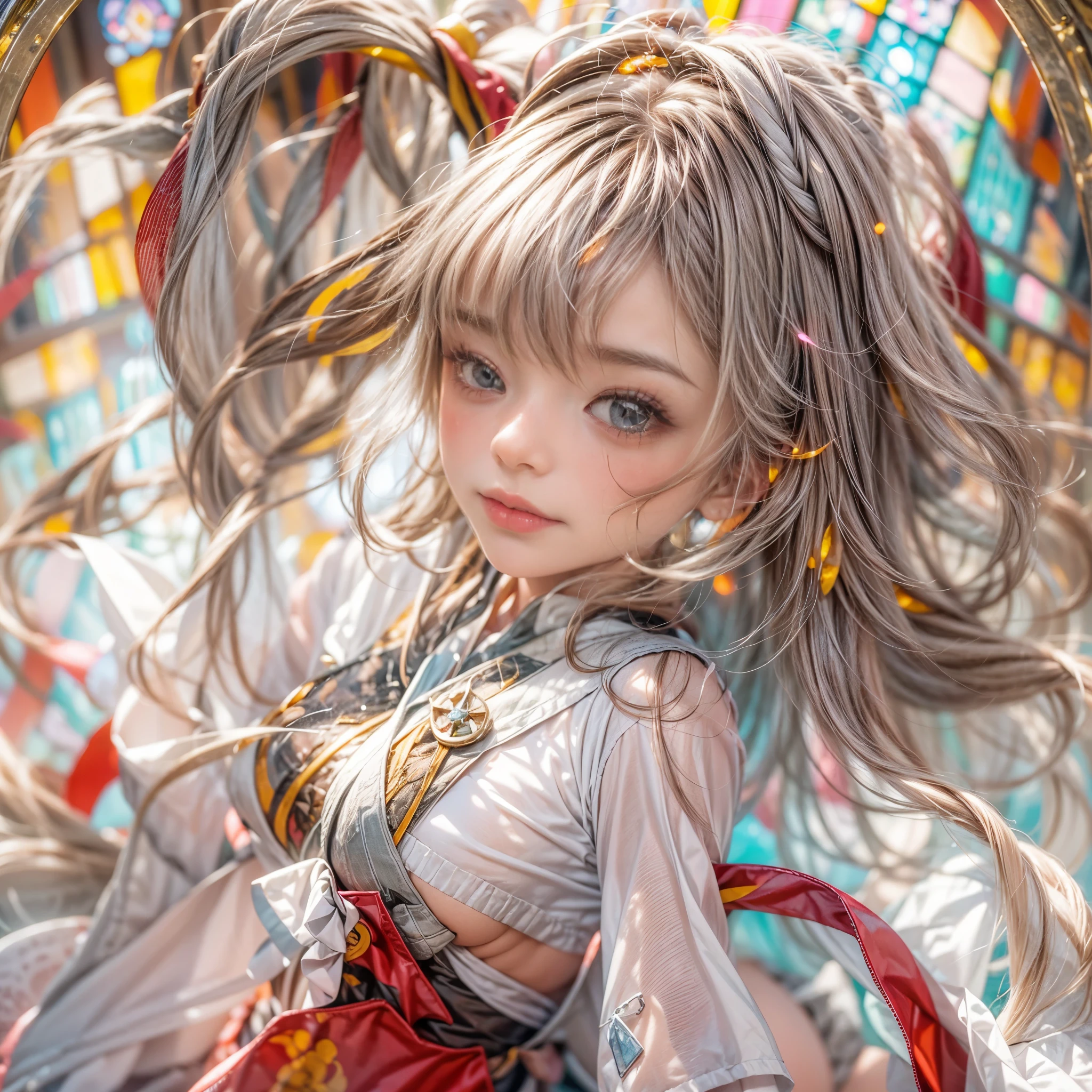 KAWAII girl in ((WHITE)) (loose opened uniform), with Glossy RED lips, (Exposed:0.9), (nipple:-1), { Extremely closeup | Dynamic-angle }, ((Dazzling stained glass Background)), (( colorful Light pours down from stunning elaborate stained glass:1.2)), vivid Red colors . ((Acutance:0.8, physically-based 3D rendering with Volumetric lighting)), (masterpiece:1.2), (ultra-detailed:1.35), (realistic, photorealistic, ((photo-realistic:1.37))with touch of rawness) . ((Renbutsu Misako)), (Extremely detailed KAWAII face variations, with Dynamic expressions),  detailed eyes with sparkling highlights, captivating gaze, long eyelashes, subtle blush on the face, rosy cheeks, impeccable ivory skin texture . { full of flowers covering girl's body | Mystic sight | God rays | haze | Light Particle | Luminous Particle | Lens Flare | A Halo in the air | Overflowing underboob | Button Undoned } . (((Unaligned fingers:-0.9))) .
