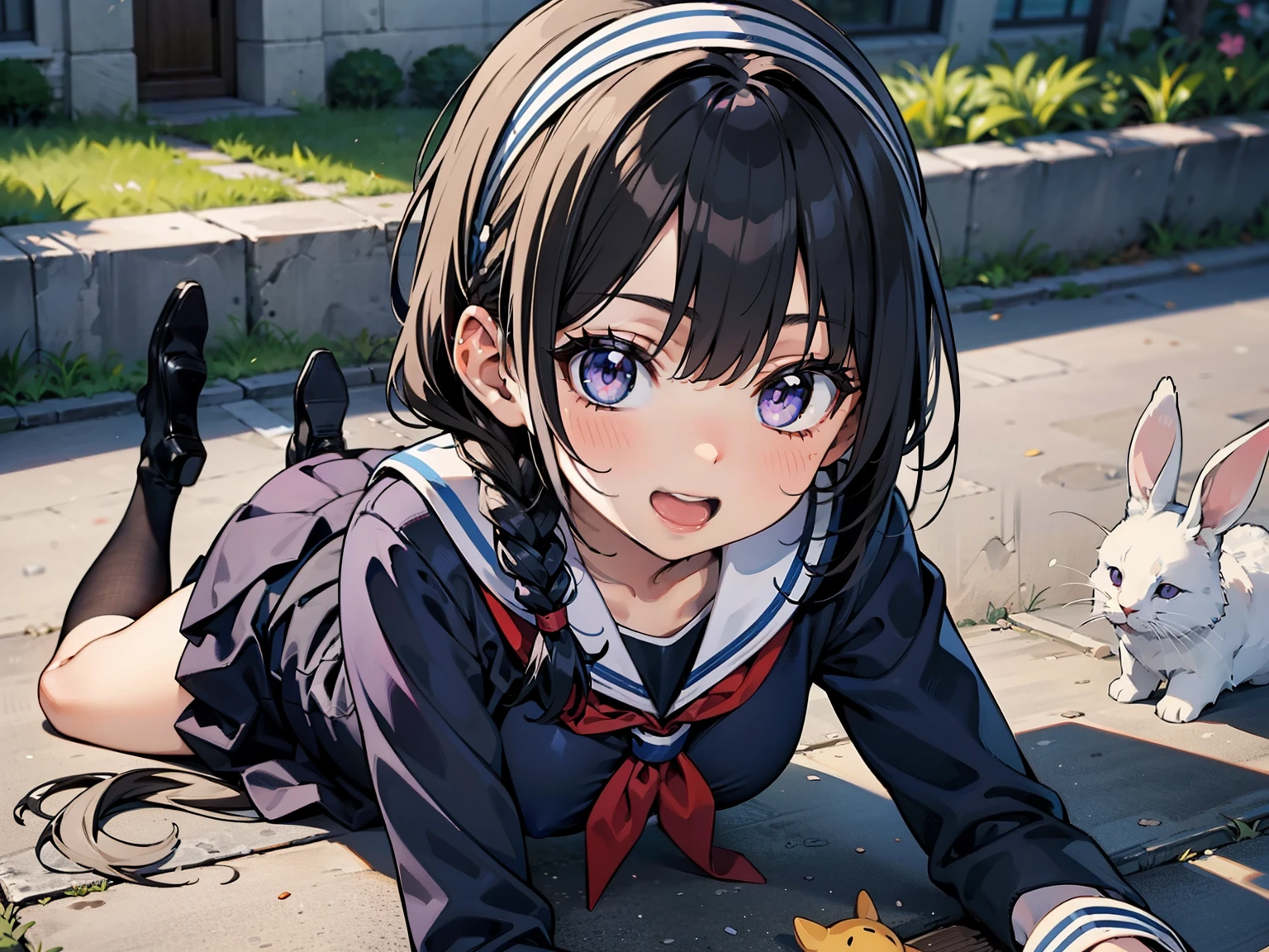 8K, highest quality, masterpiece, Super detailed, ultra high resolution, realistic, RAW photo, absolute resolution, small face compared to body, very small face, black hair, High school girl wearing a navy sailor suit, Anime 2D rendering, realistic若いアニメの女子高生, ((White headband)), purple eyes, small breasts, tall, slanted eyes, (school scenery), black stockings, bright color, open your mouth, Dark blue skirt, braid hair, Bangs Patsun, position looking down from above, lie on your stomach, play with the rabbit on the ground, smile,