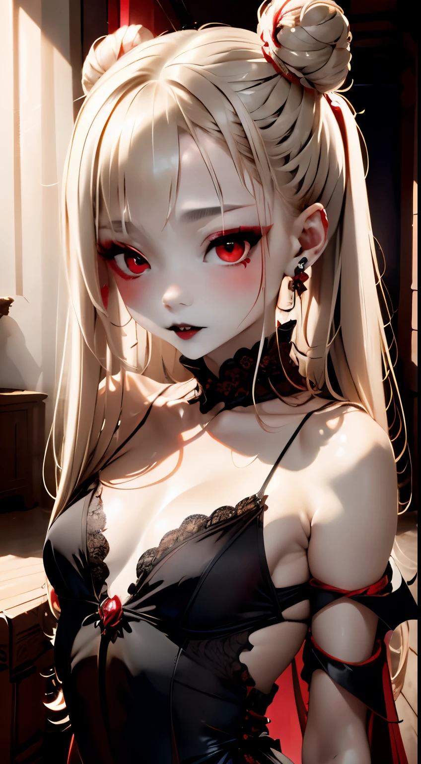 one girl、unparalleled beauty、cute face、ruddy face、fine eyes、(((vampire、deep red eyes、black lips、Expressionless)))、dark fantasy、Drifting eroticism、bun hair、blonde、Classy dresses、small breasts、ancient city、dark drawing room、Luxurious ornaments、dark lighting、dark lighting、masterpiece、highest quality、super resolution、best image quality、Super detailed、