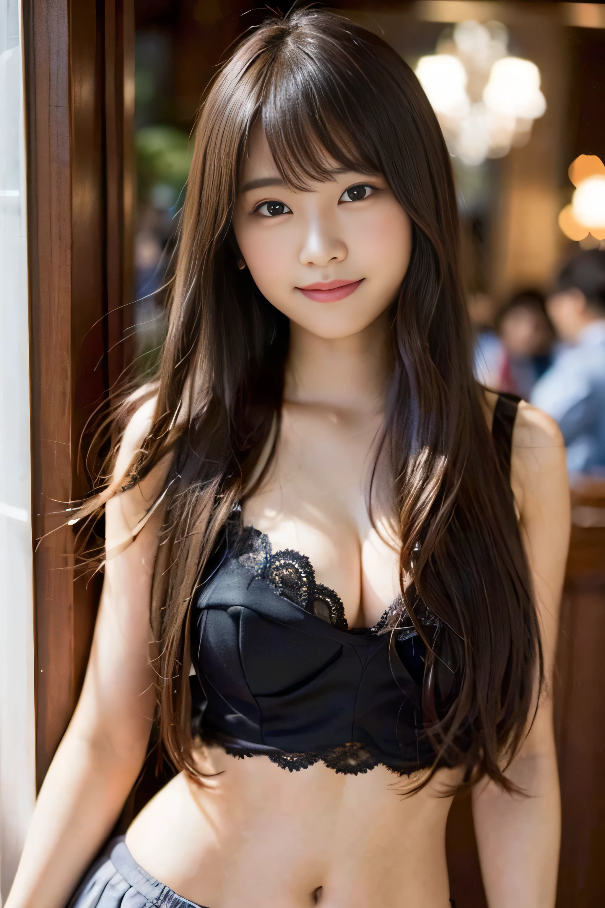 (8K、RAW photo、superlative、masterpiece:1.2)、(genuine、フォトgenuine:1.37)、Super detailed、ultra high resolution、girl、1 person、Eyes that see the beholder、Beautiful face in every detail、smile、narrow、 (thin waist):1.3)、Fine and beautiful skin、skin texture、fluttering hair、professional lighting、as a whole human body、Japanese high school uniform、luxury hotel、no makeup、shortcut、Odango hairstyle、F cup、幸せそうなsmile、、おNavel exposure、Navel exposure、Pose that emphasizes the chest、chest、大きなchest、Slightly chubby body type