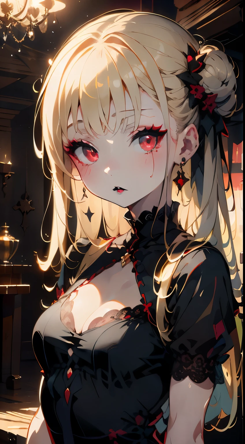 one girl、unparalleled beauty、cute face、ruddy face、fine eyes、(((vampire、deep red eyes、black lips、Expressionless)))、dark fantasy、Drifting eroticism、bun hair、blonde、Classy dresses、small breasts、ancient city、dark drawing room、Luxurious ornaments、dark lighting、dark lighting、masterpiece、highest quality、super resolution、best image quality、Super detailed、