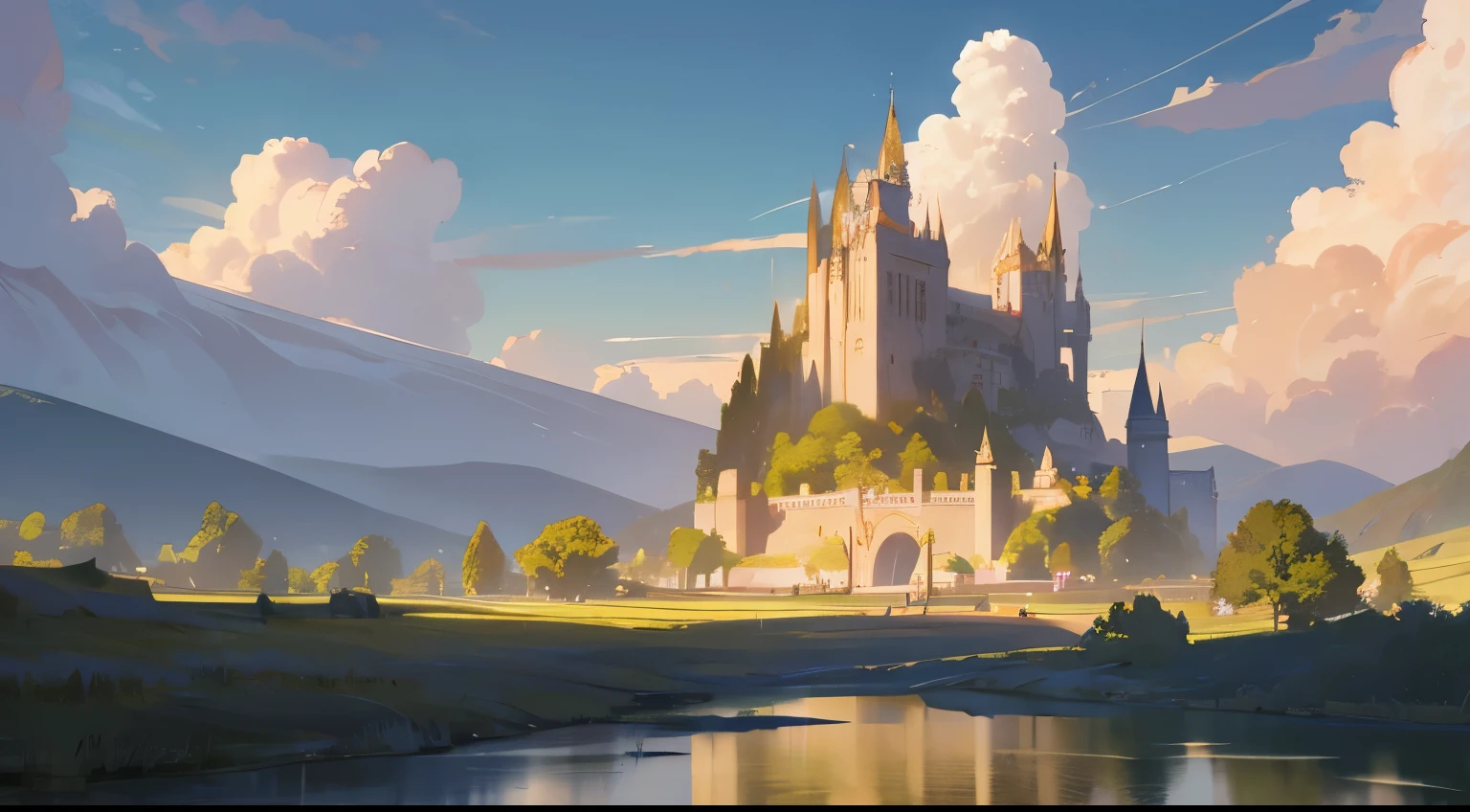 Beautiful fantasy landscape with castle in the distance made of white stone and gold, Hall of the Knights, castle statue, huge sword, elf&#39;s, lake, Splendid clouds, White marble, Light of the sun, ambient, wide area, hill, digital art, landscape, fantasy art, illustration, trend art station, digital art, epic lighting, genshin impact, Antia&#39;s call, Casual style
